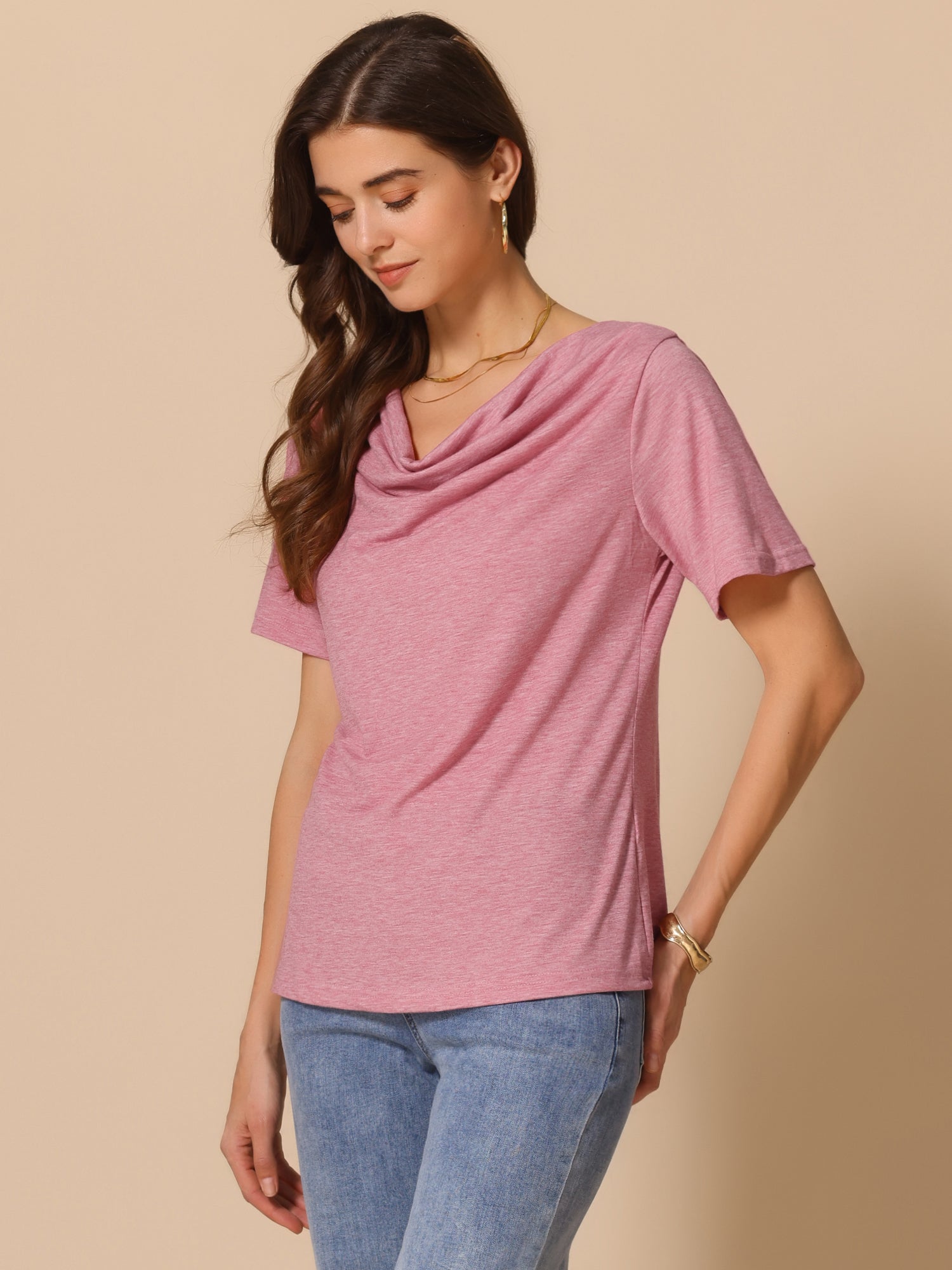 Cowl Neck Short Sleeve Casual Stretchy Blouse
