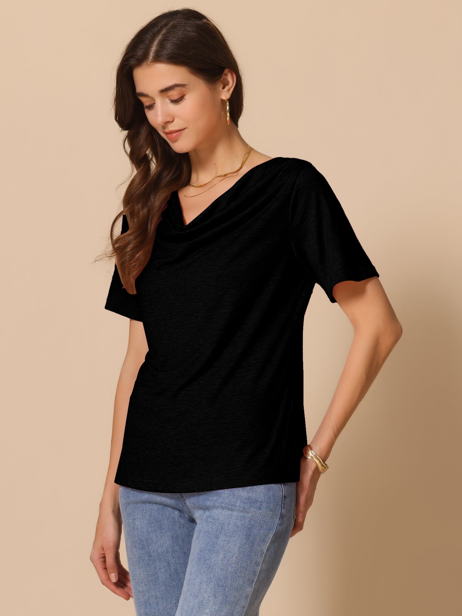 Cowl Neck Short Sleeve Casual Stretchy Blouse