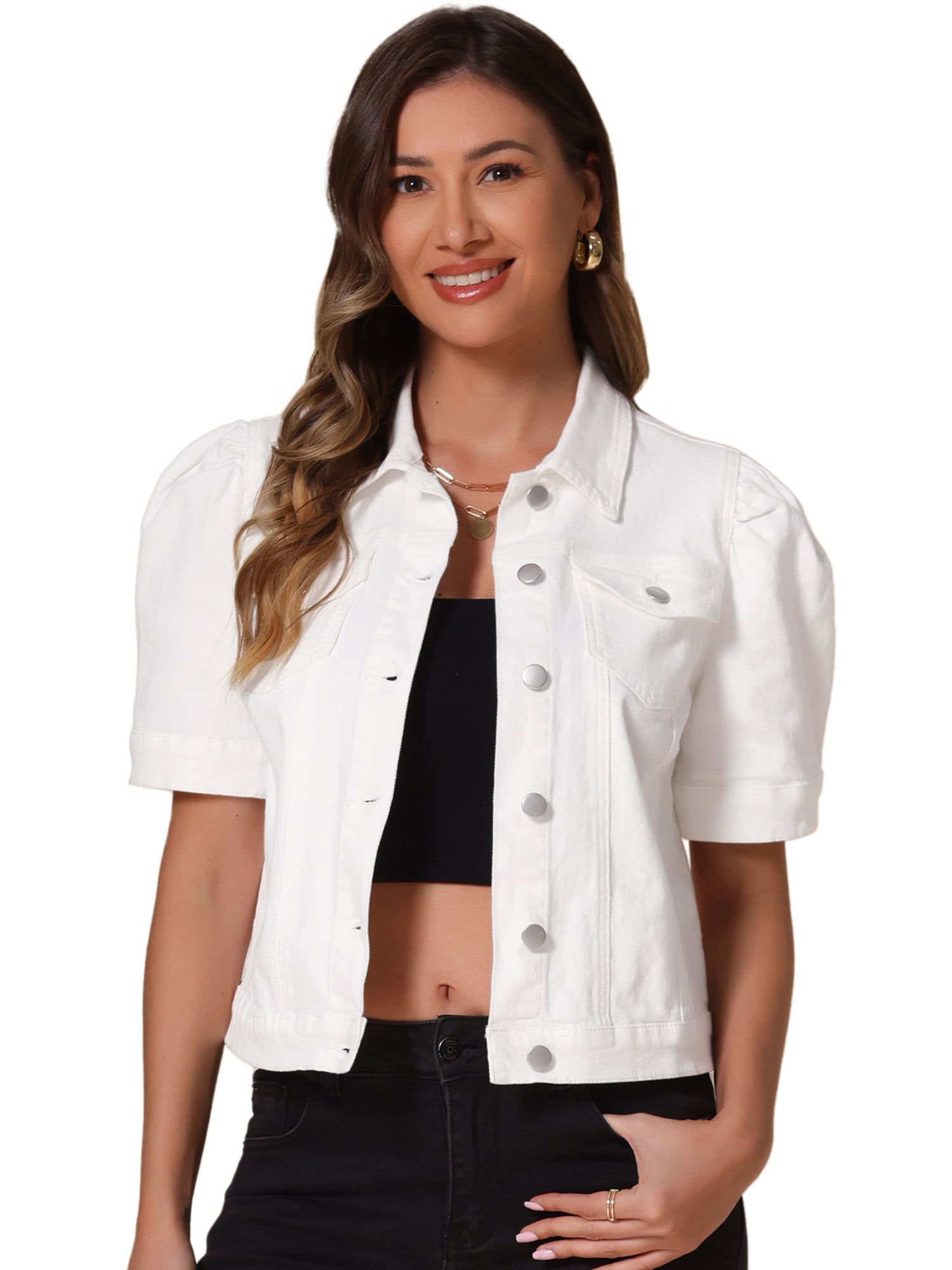 Casual Short Puff Sleeves Button-Down Jean Denim Jacket