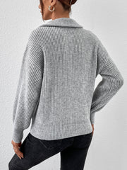 Polo Collar Zipper Long Sleeve Solid Color Casual Sweater