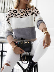 Leopard Colorblock Crew Neck Long Sleeve Casual Sweater