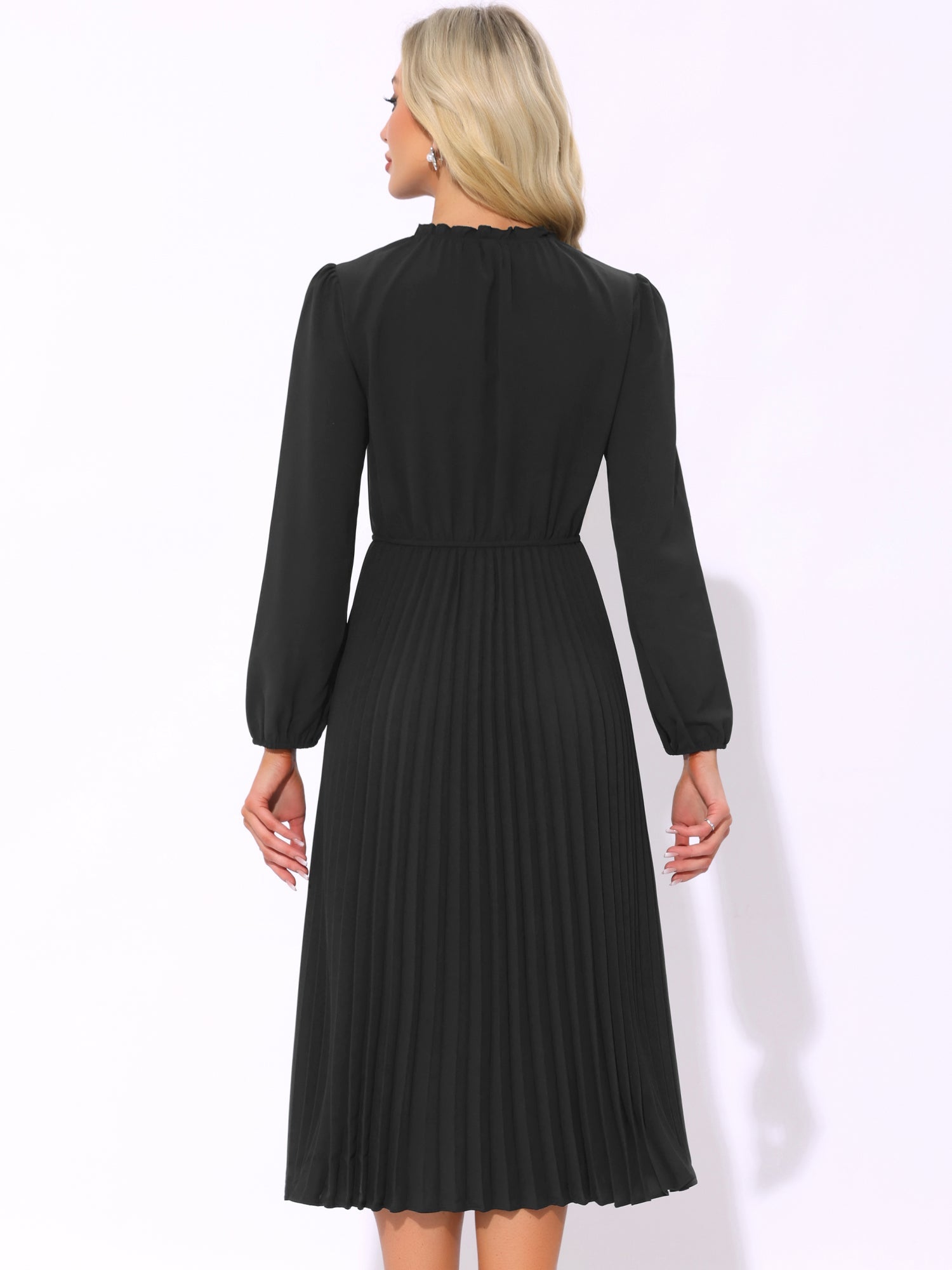 A-Line Flowy Long Sleeve Tie V Neck Pleated Midi Dress