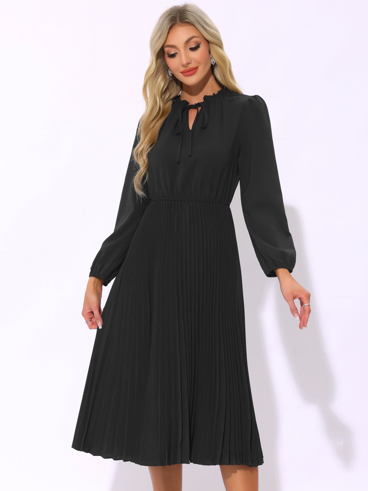 A-Line Flowy Long Sleeve Tie V Neck Pleated Midi Dress