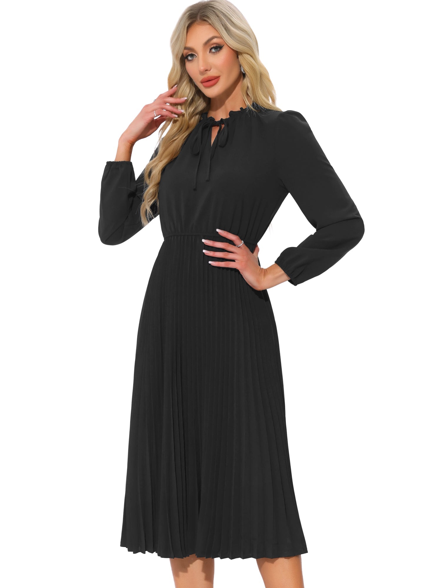 A-Line Flowy Long Sleeve Tie V Neck Pleated Midi Dress