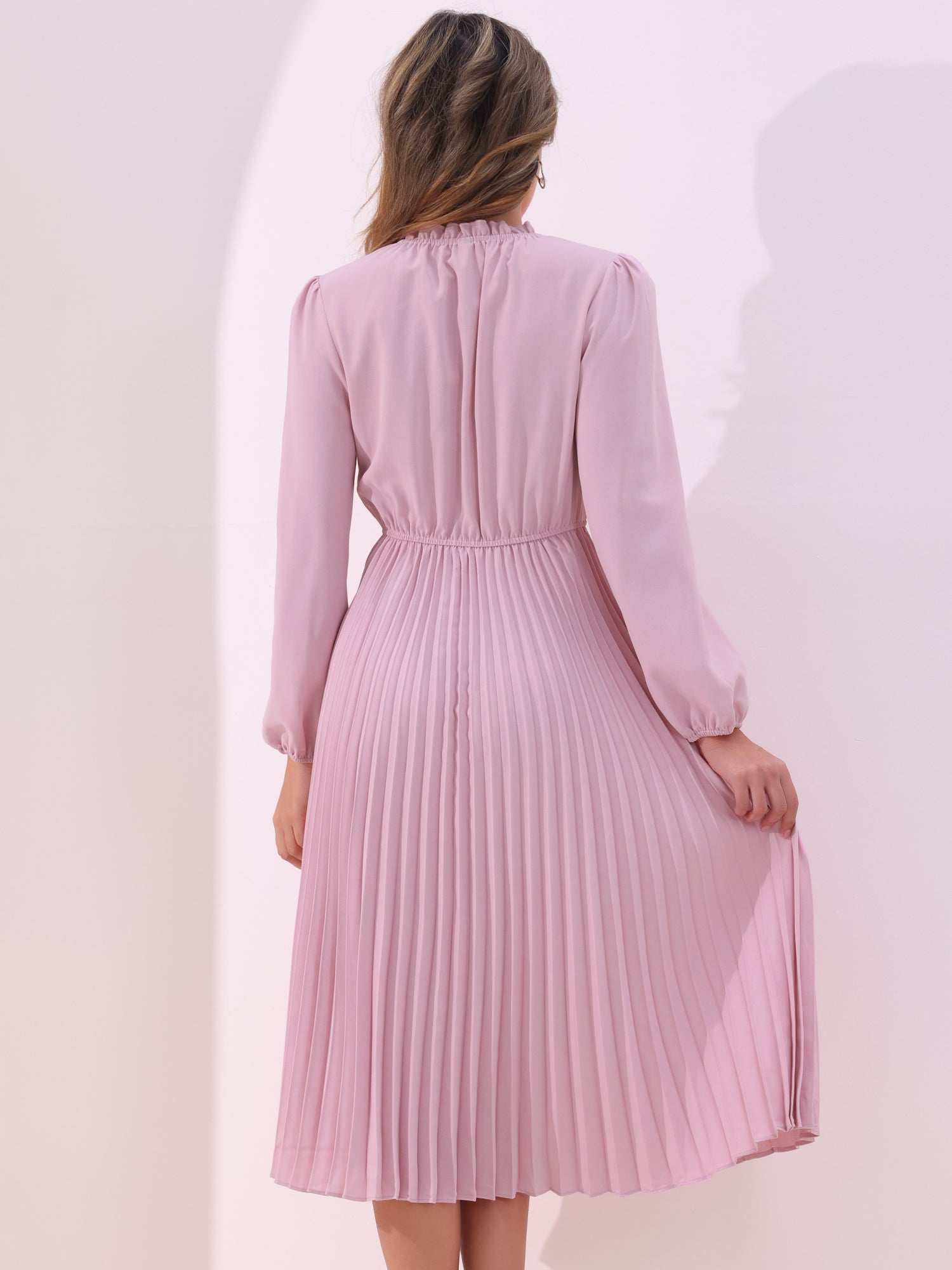A-Line Flowy Long Sleeve Tie V Neck Pleated Midi Dress