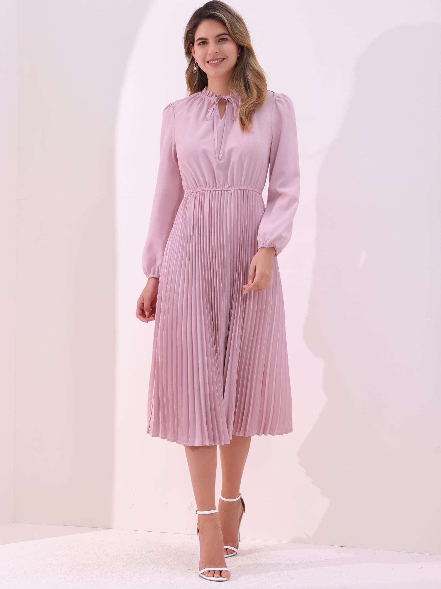 A-Line Flowy Long Sleeve Tie V Neck Pleated Midi Dress