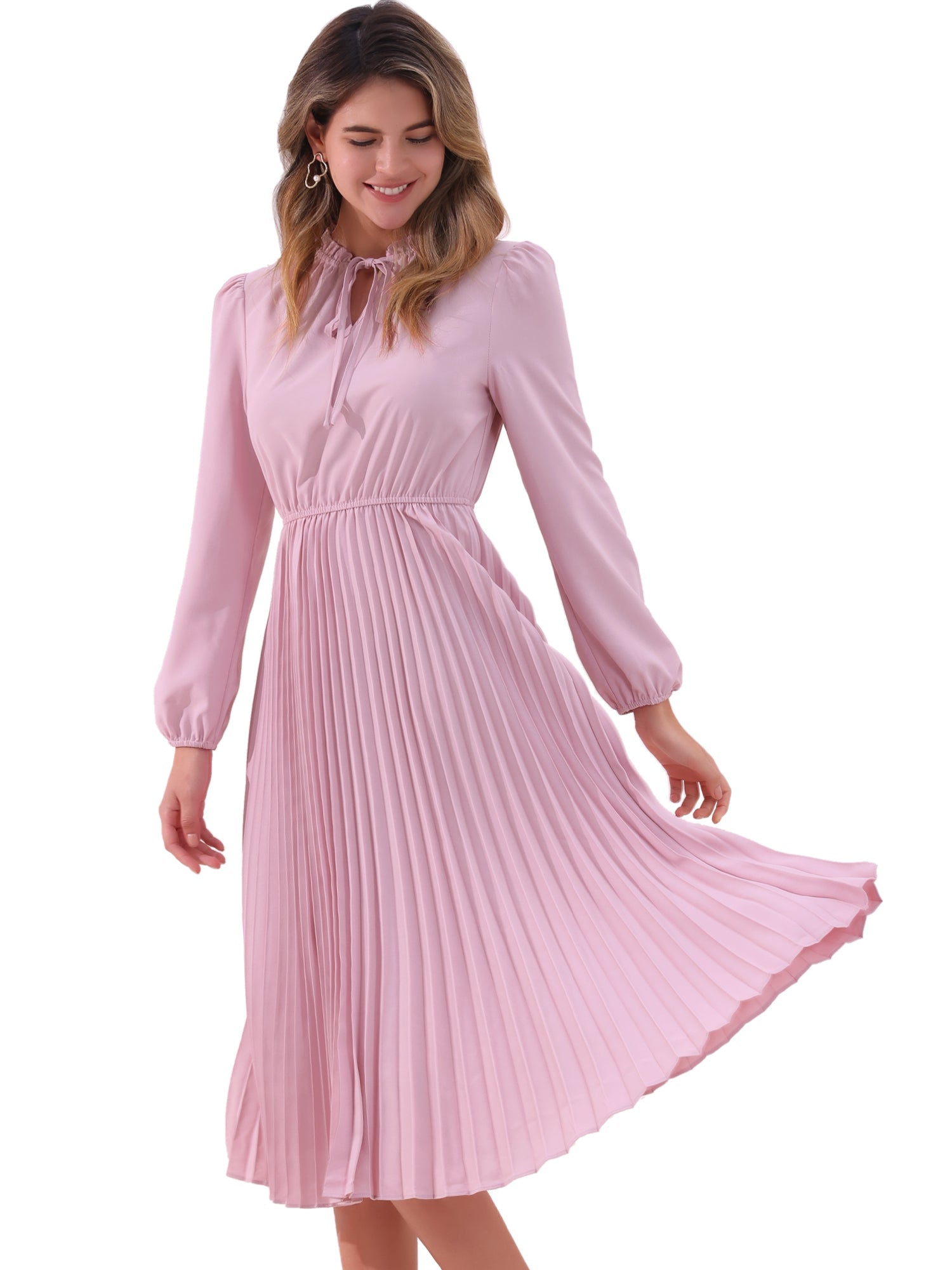A-Line Flowy Long Sleeve Tie V Neck Pleated Midi Dress