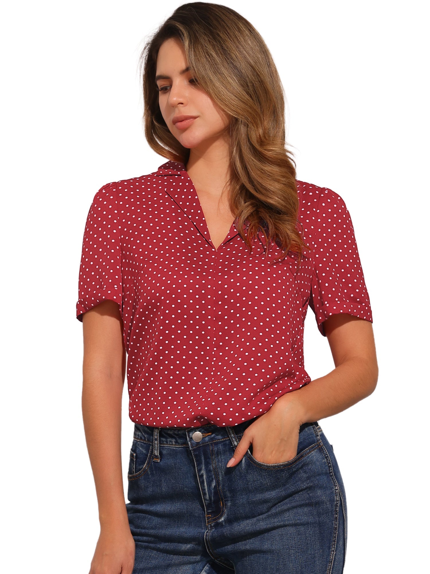 Short Sleeve Casual Cherry Print Notched Lapel Collar Shirt Blouse