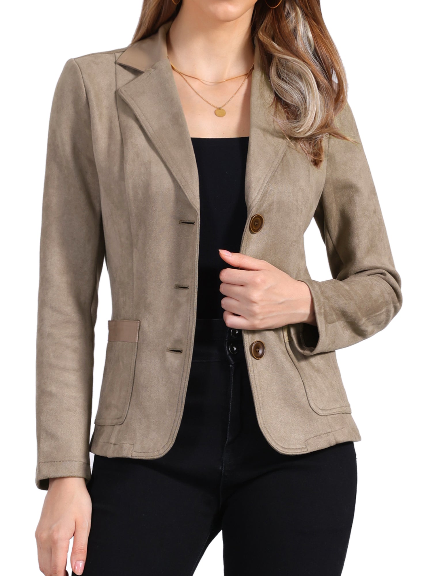Faux Suede Lapel Collar Cowgirl 2 Button Blazer Jacket