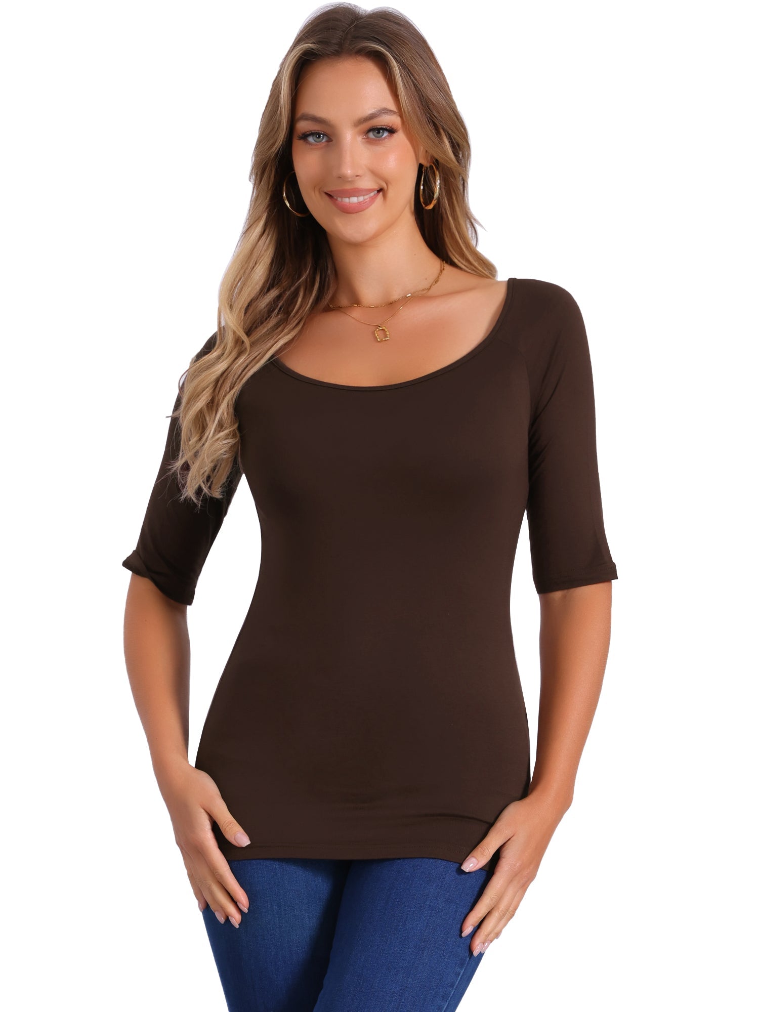 Half Sleeves Scoop Neck Fitted Layering Soft T-Shirt