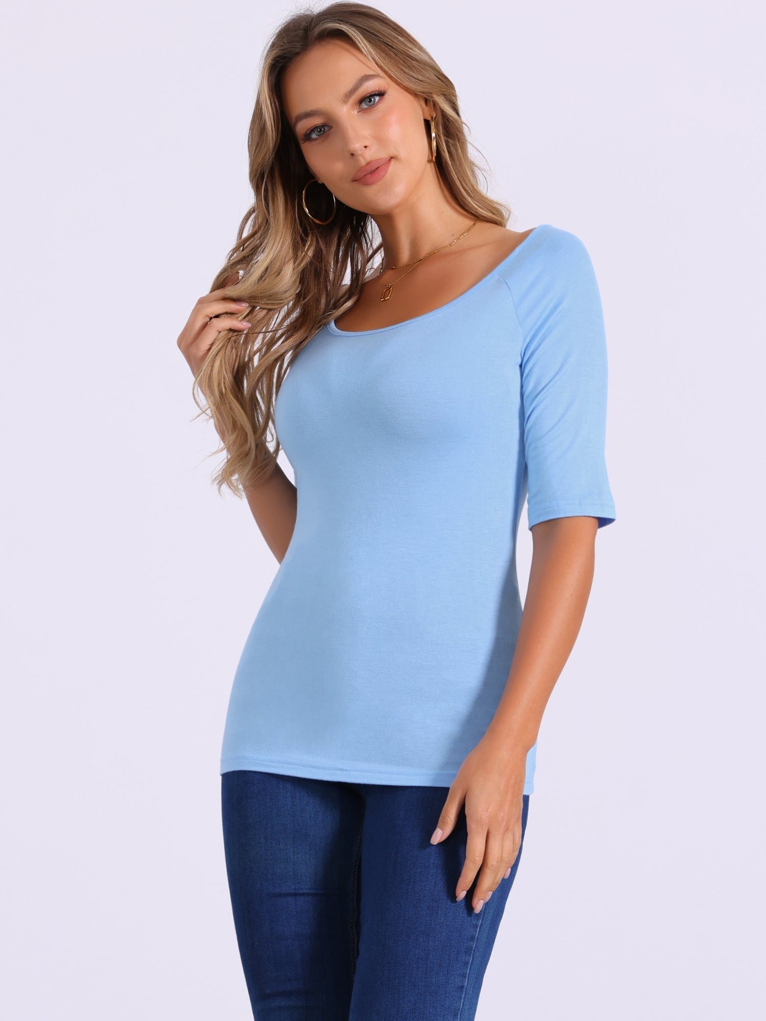 Half Sleeves Scoop Neck Fitted Layering Soft T-Shirt
