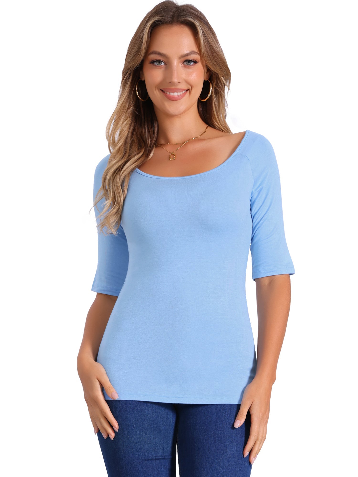 Half Sleeves Scoop Neck Fitted Layering Soft T-Shirt