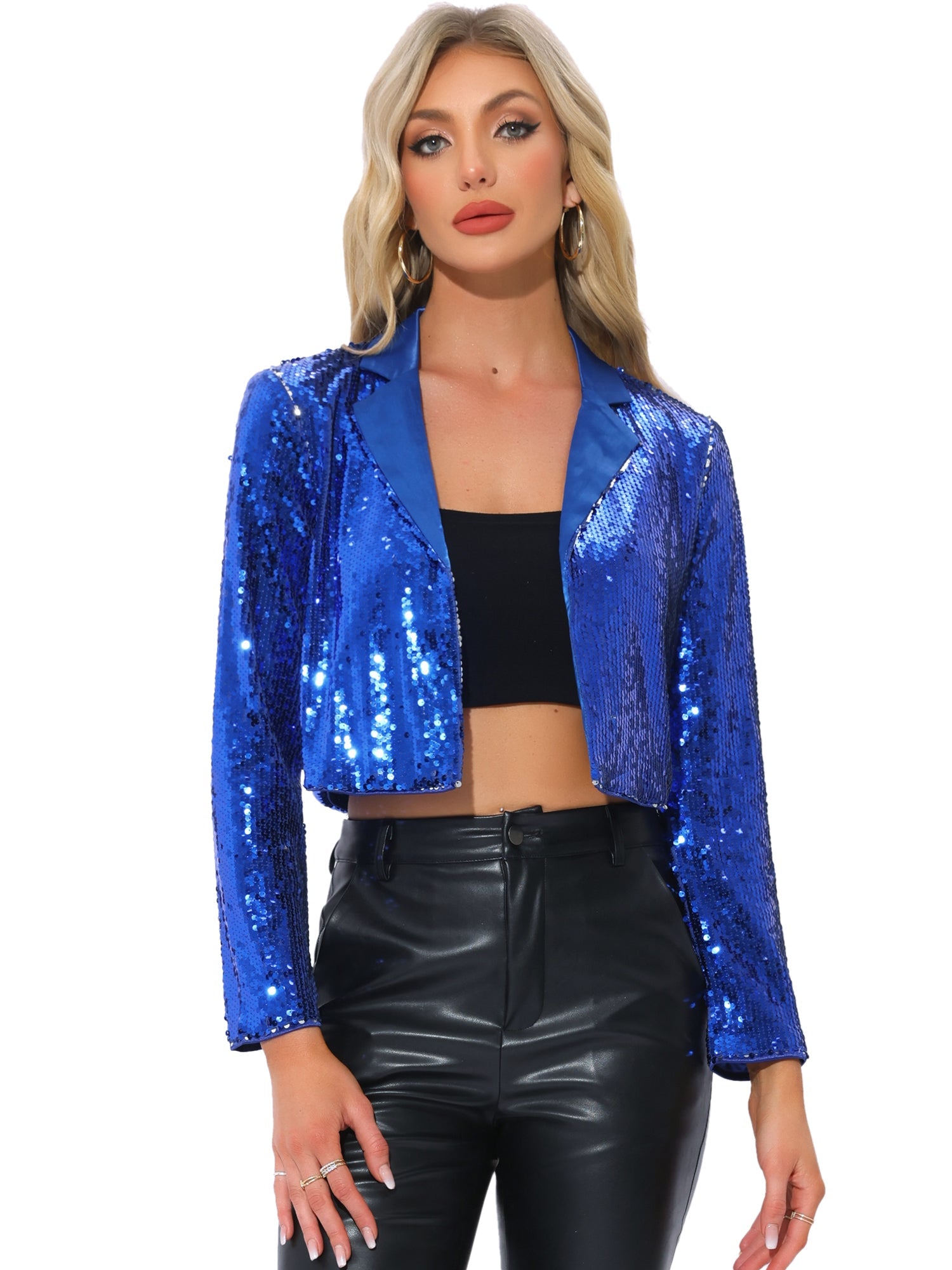 Sparkle Sequin Lapel Collar Open Front Party Cropped Jacket