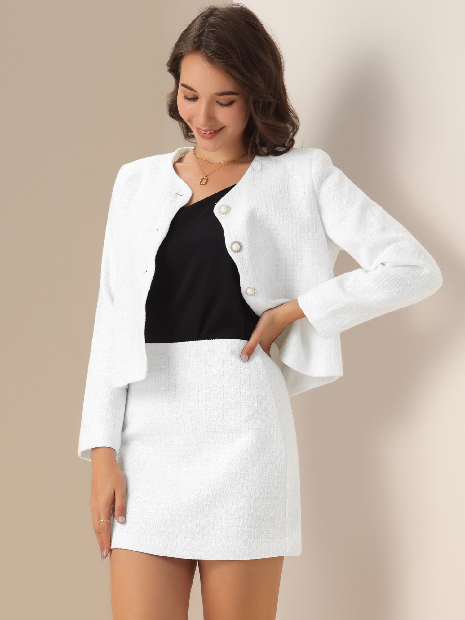 2 Pieces Tweed Long Sleeves Cropped Jacket & Mini Pencil Skirt Set