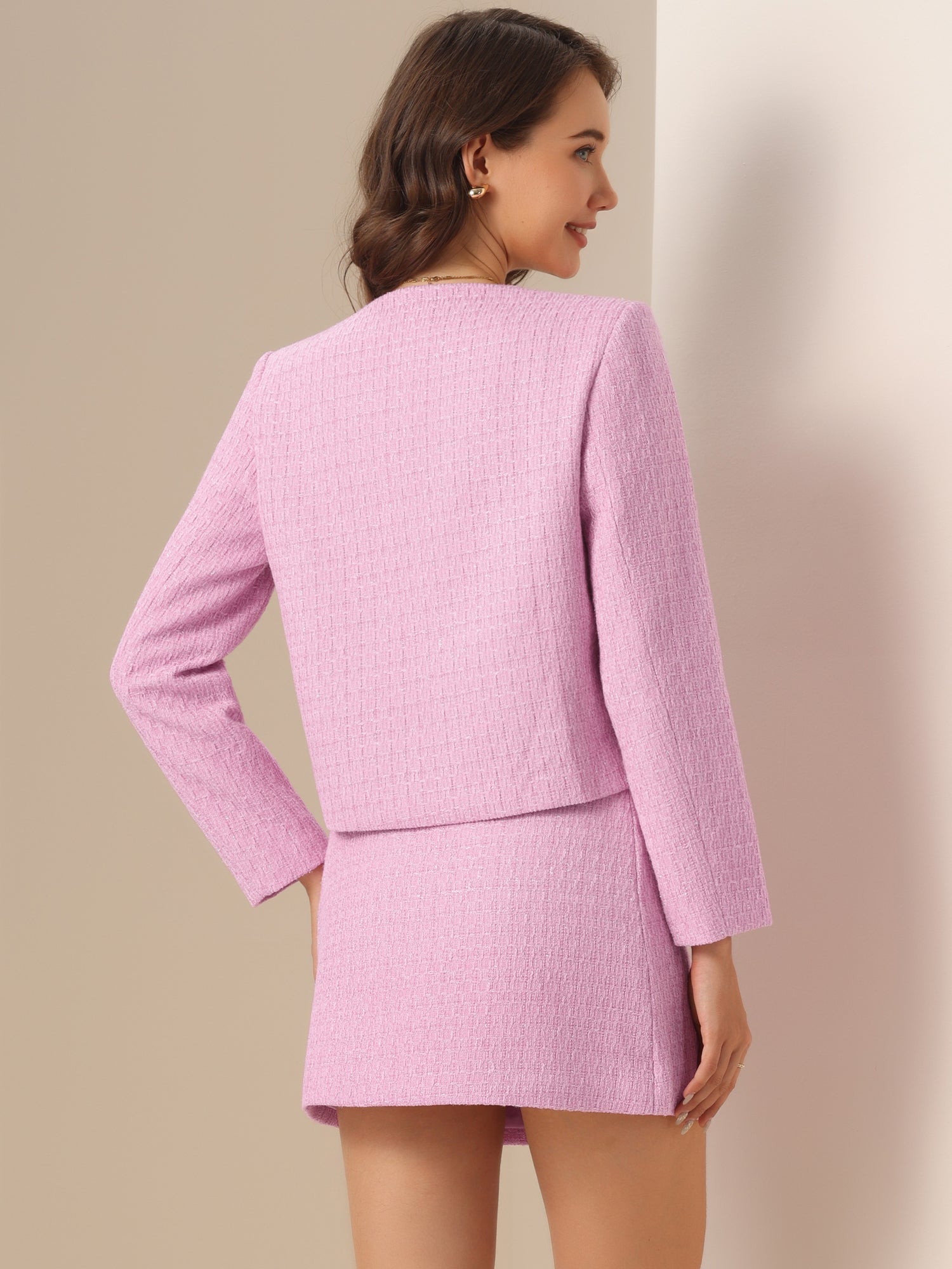 2 Pieces Tweed Long Sleeves Cropped Jacket & Mini Pencil Skirt Set