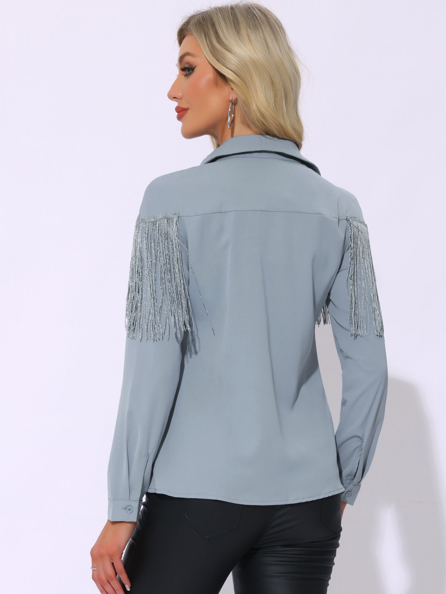 Glitter Fringe Long Sleeve Button Down Disco Party Cowgirl Blouse