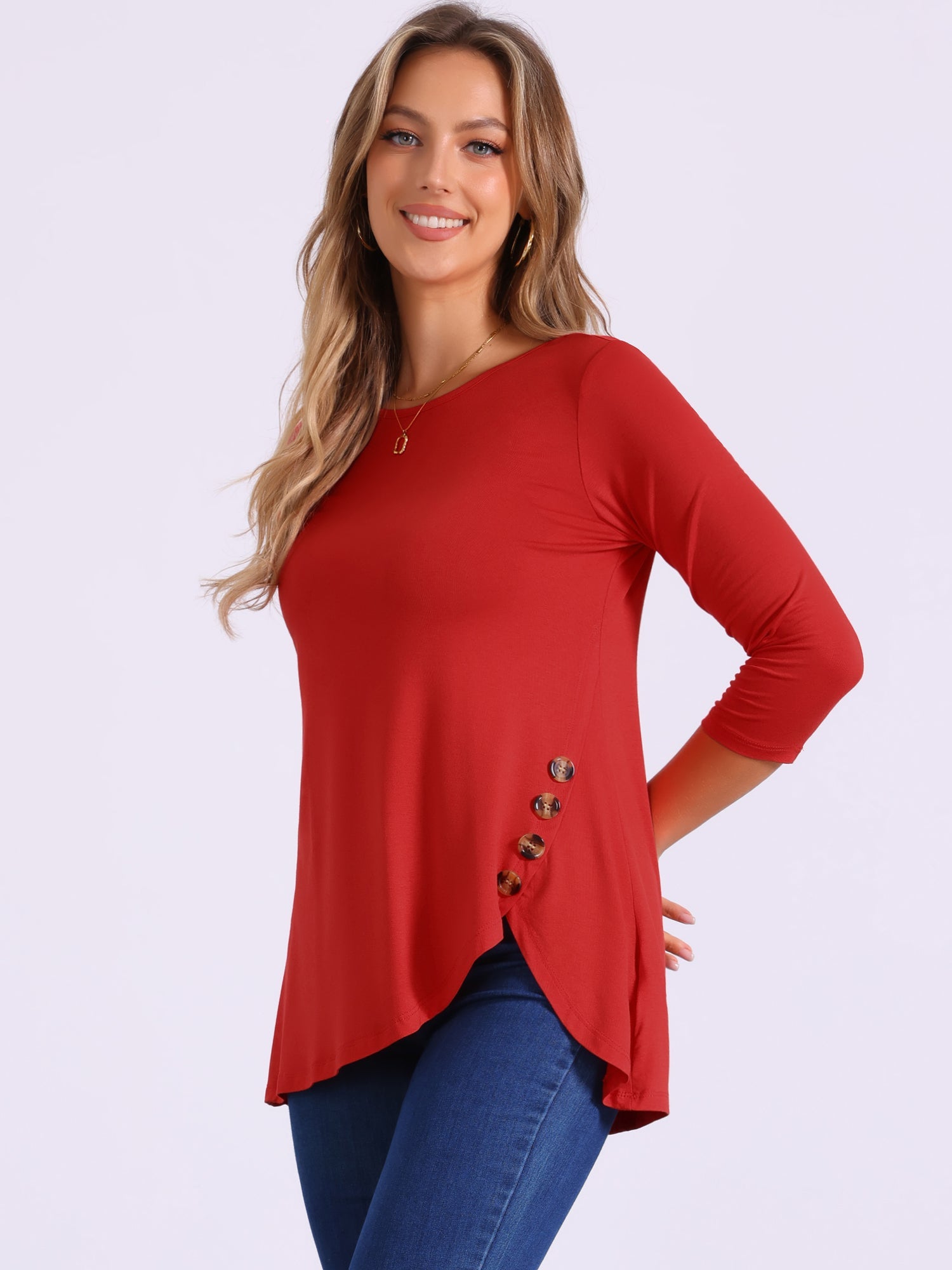 3/4 Sleeve Round Neck Button Decor Casual Stretchy Tunic Tops