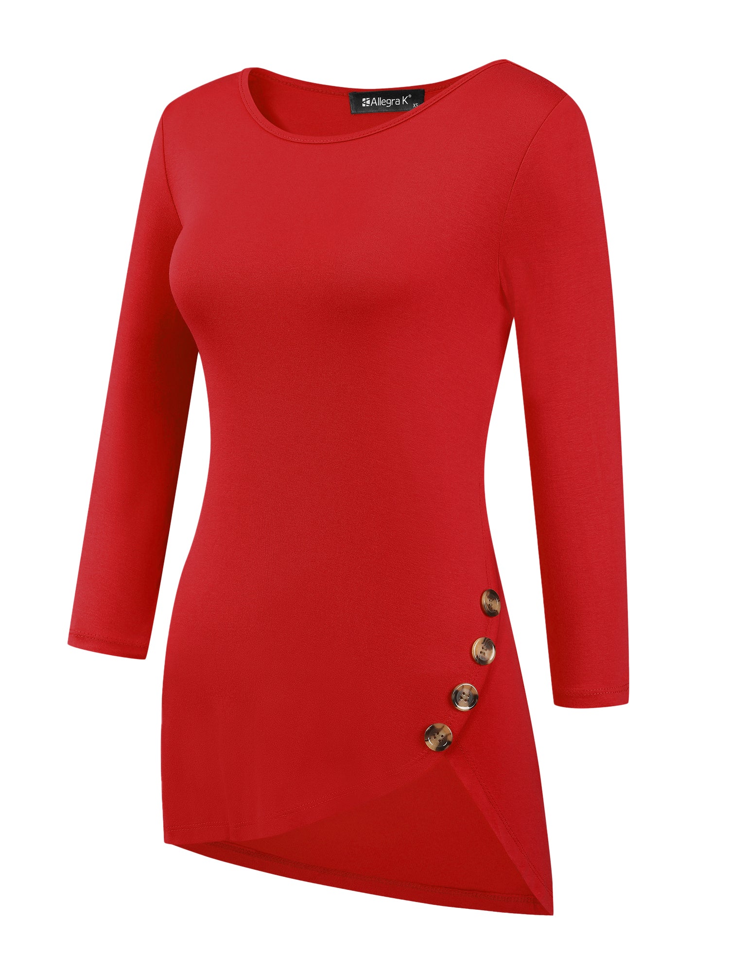 3/4 Sleeve Round Neck Button Decor Casual Stretchy Tunic Tops