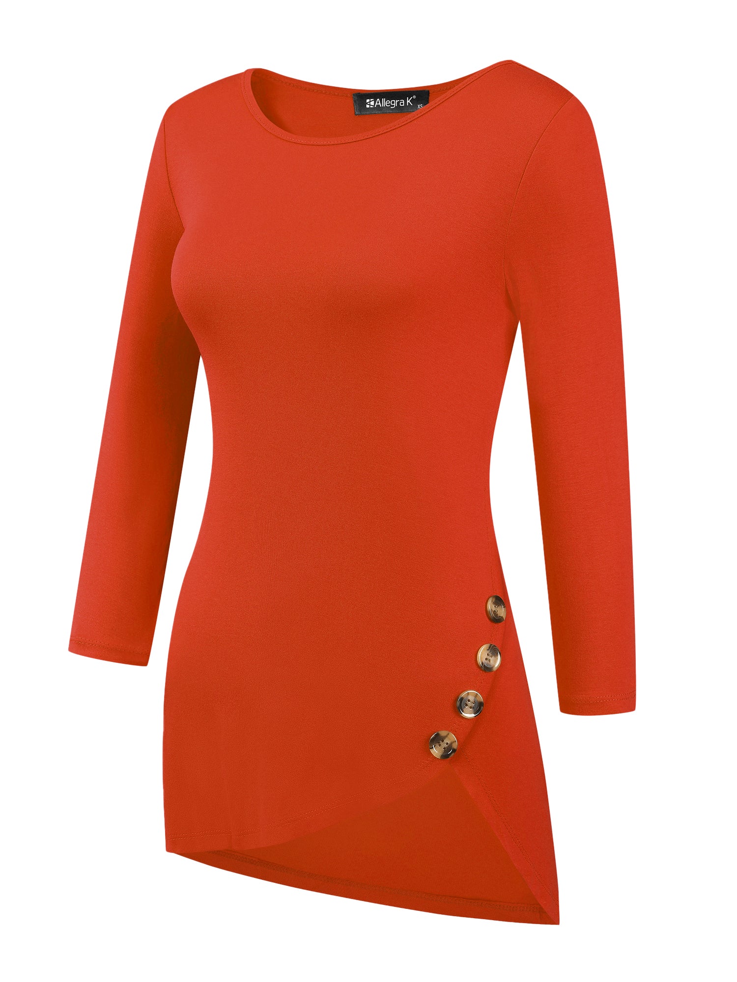 3/4 Sleeve Round Neck Button Decor Casual Stretchy Tunic Tops