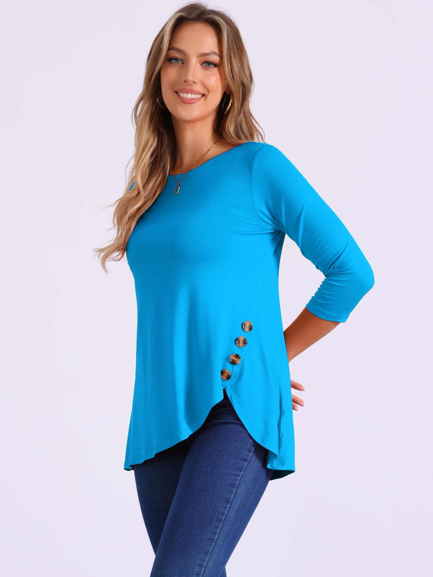3/4 Sleeve Round Neck Button Decor Casual Stretchy Tunic Tops