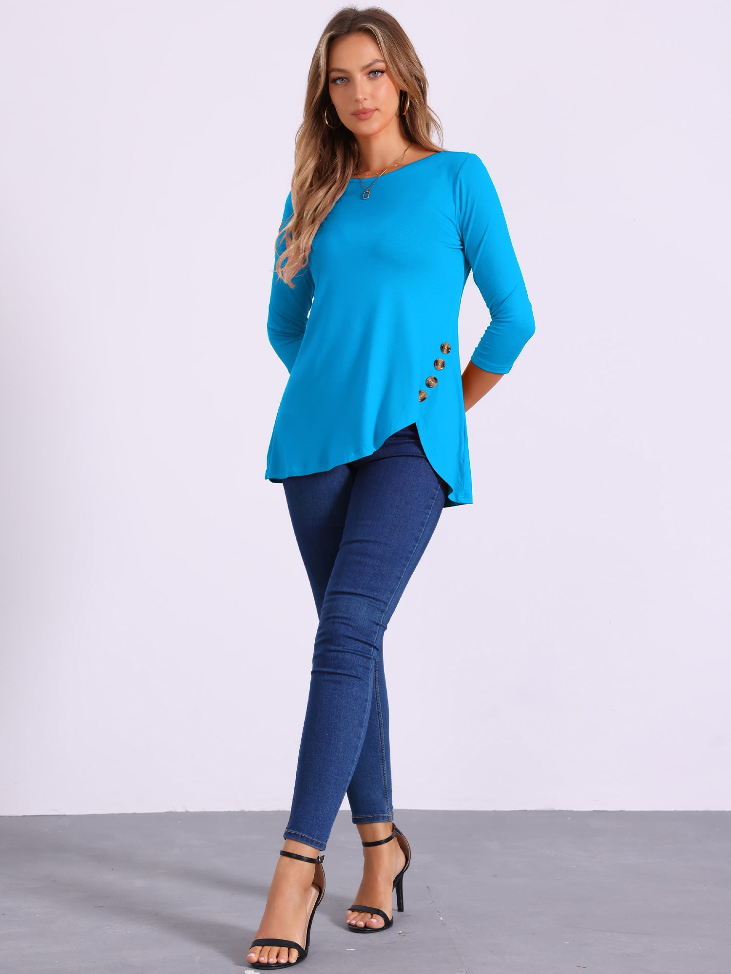 3/4 Sleeve Round Neck Button Decor Casual Stretchy Tunic Tops
