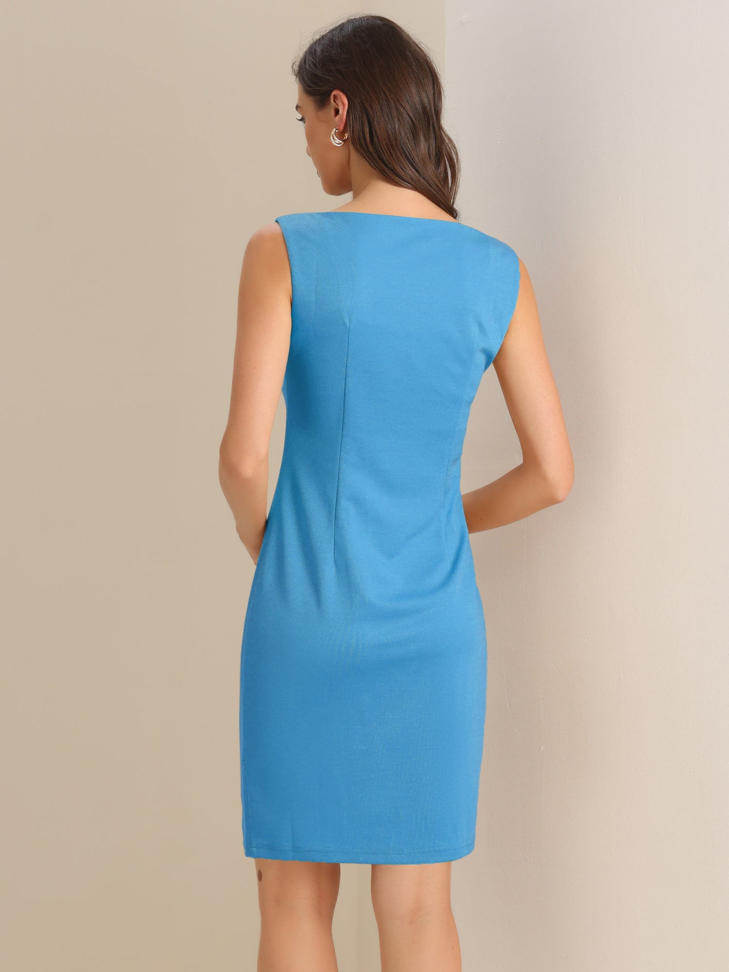 Sleeveless Boat Neck Casual Office Solid Midi Sheath Dress