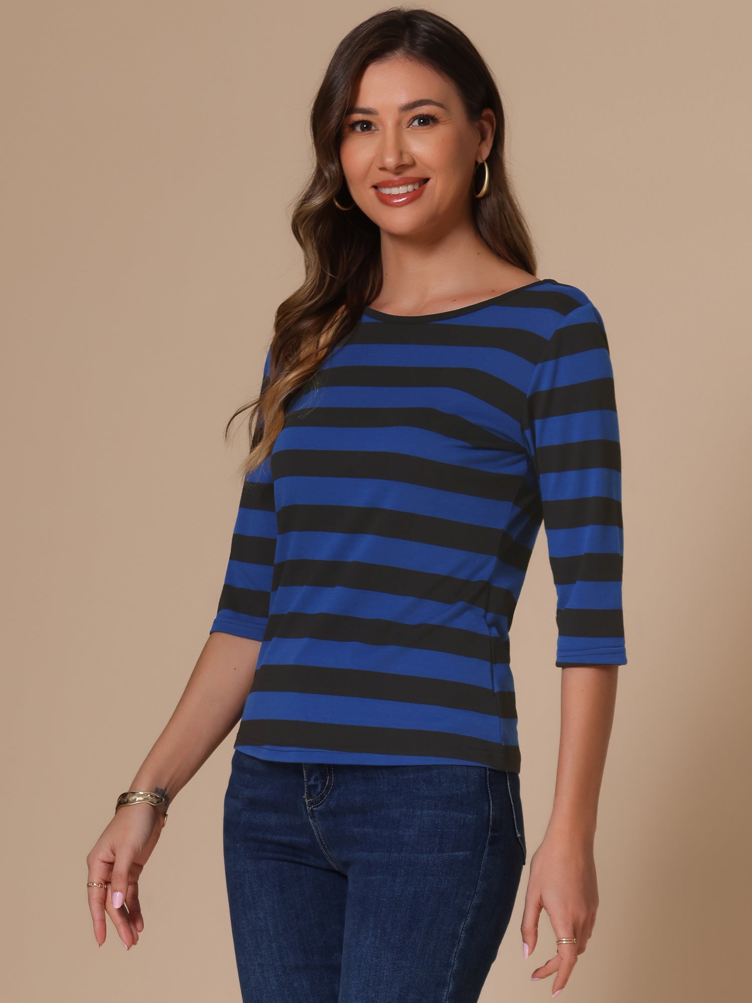 3/4 Sleeve Round Neck Casual Striped T-Shirt