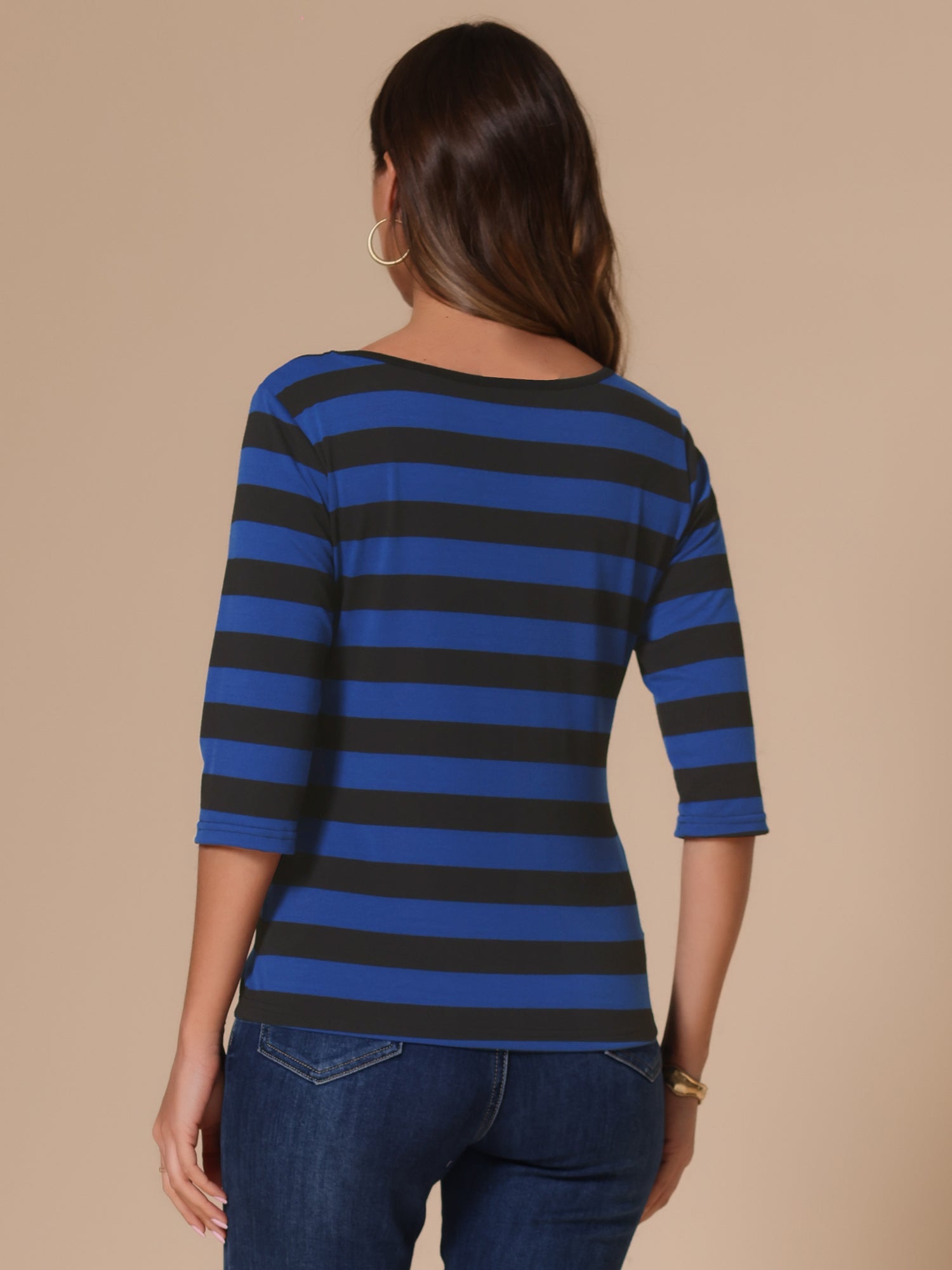 3/4 Sleeve Round Neck Casual Striped T-Shirt
