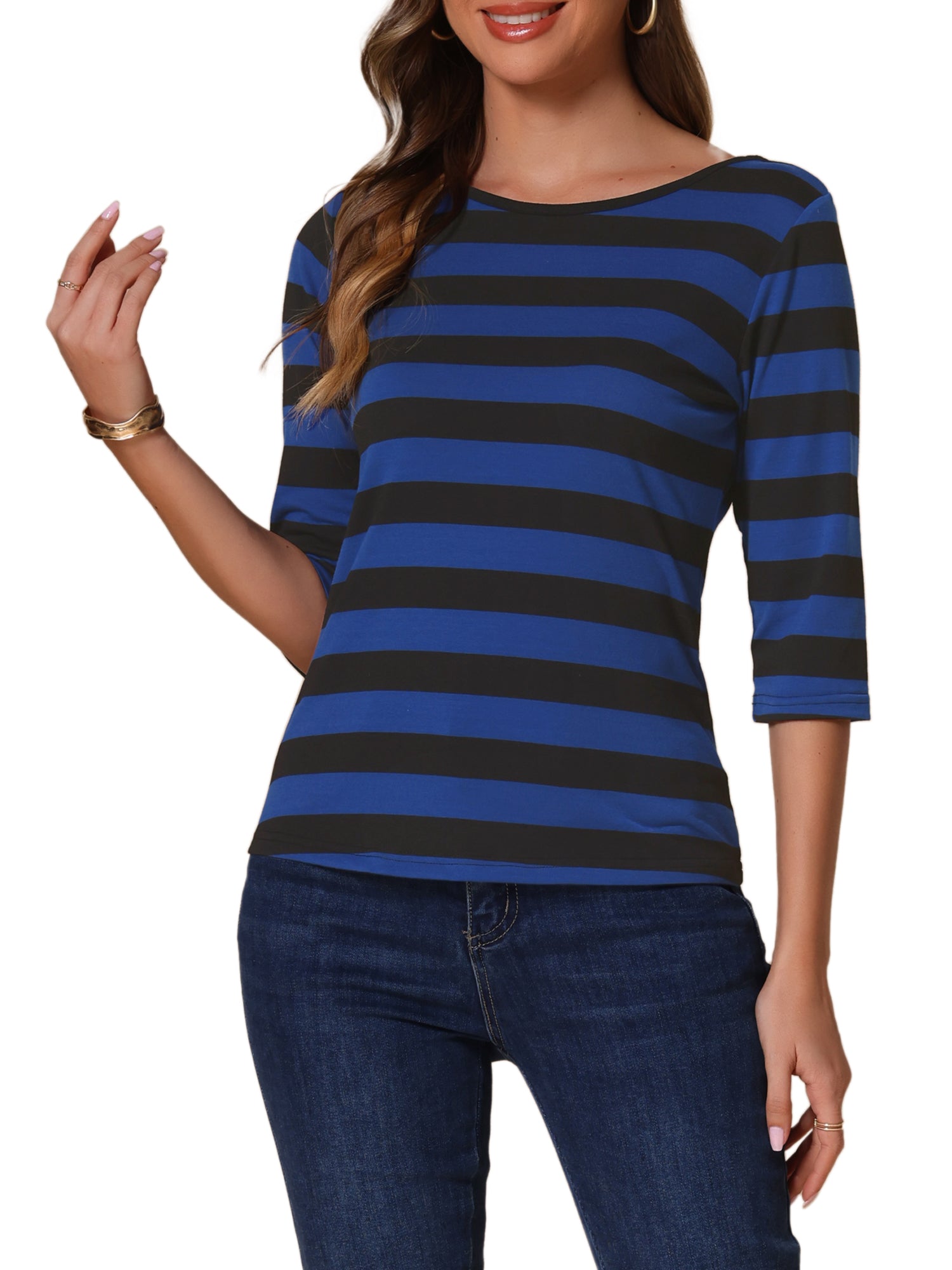 3/4 Sleeve Round Neck Casual Striped T-Shirt