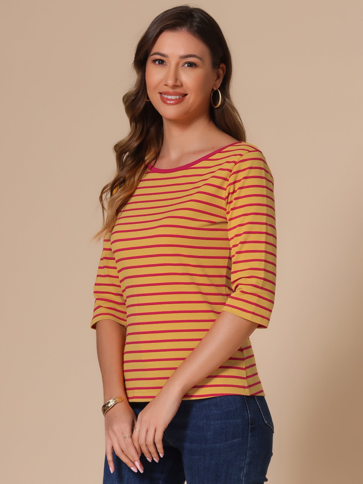 3/4 Sleeve Round Neck Casual Striped T-Shirt
