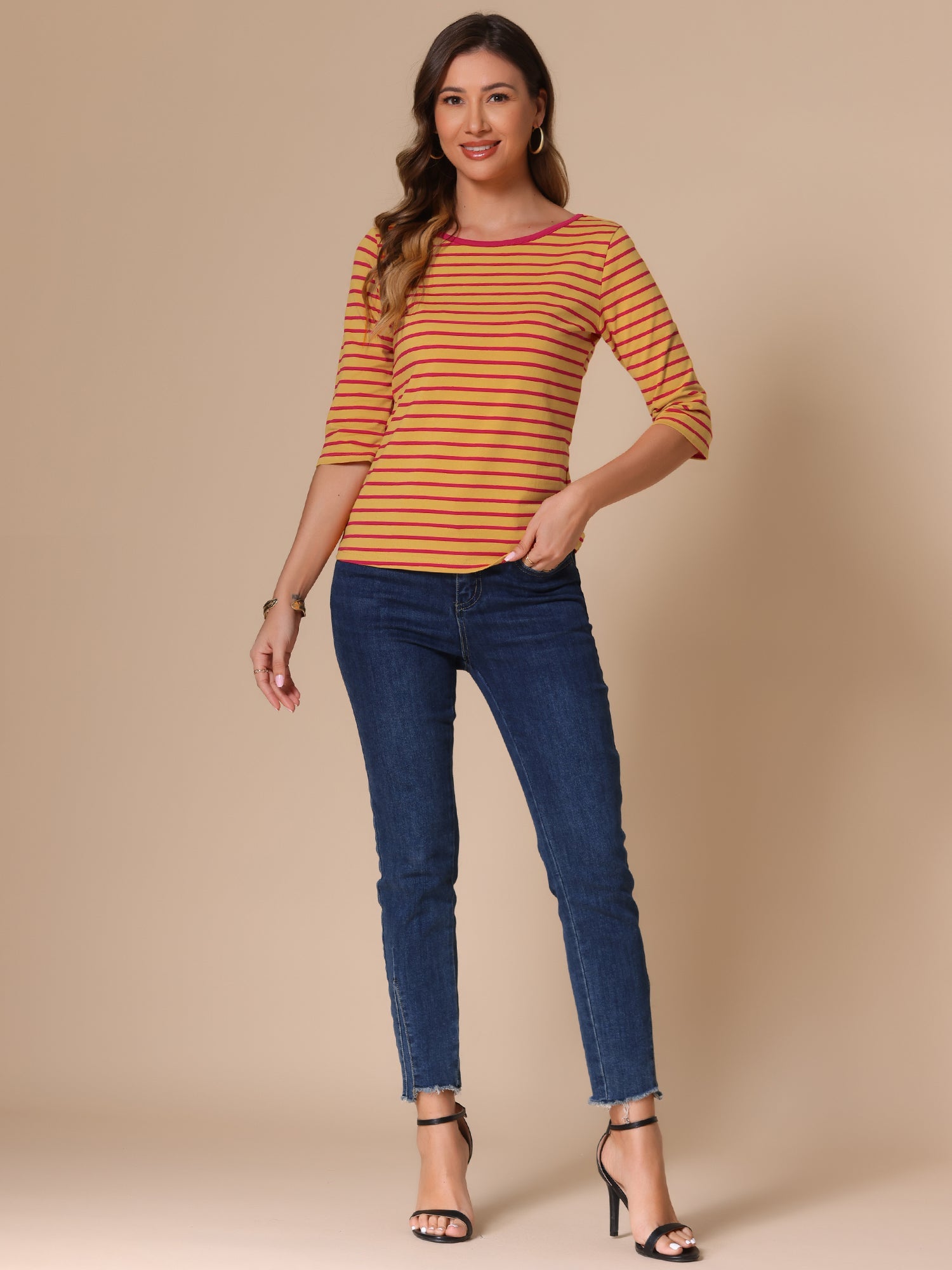 3/4 Sleeve Round Neck Casual Striped T-Shirt