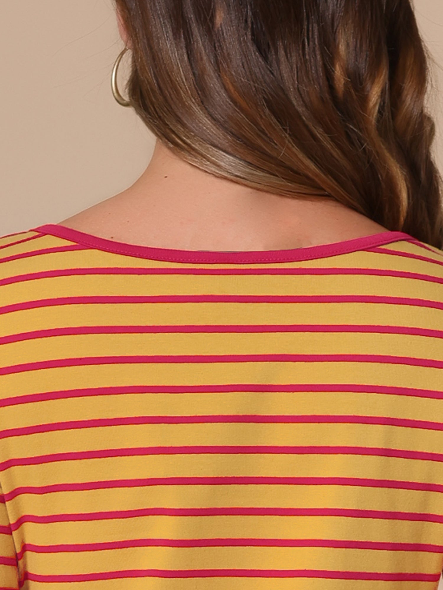 3/4 Sleeve Round Neck Casual Striped T-Shirt