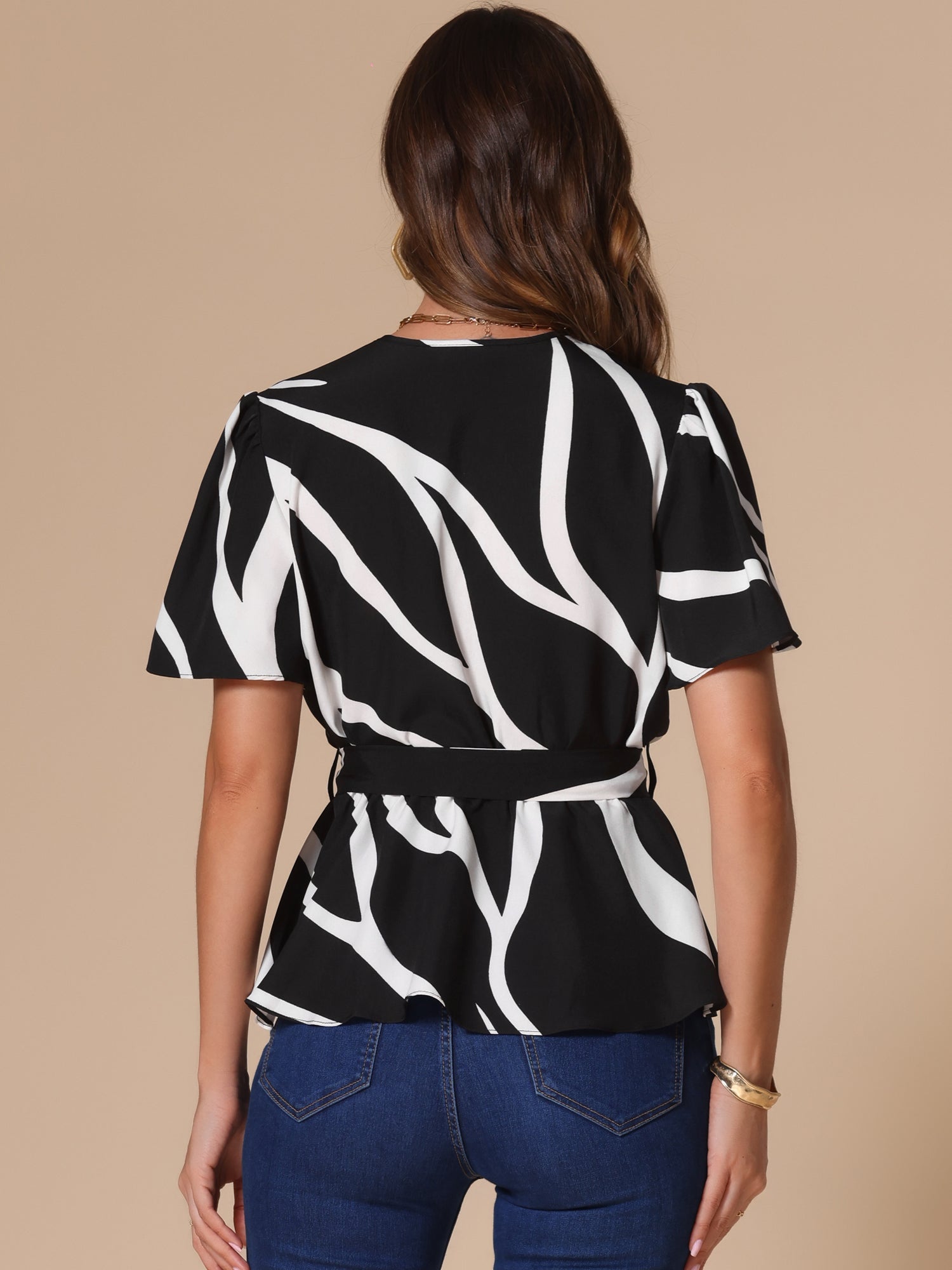 Printed V Neck Elastic Waist Belt Ruffle Peplum Blouse