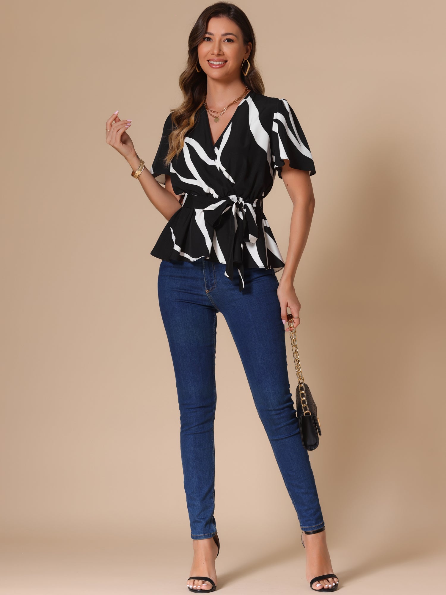 Printed V Neck Elastic Waist Belt Ruffle Peplum Blouse
