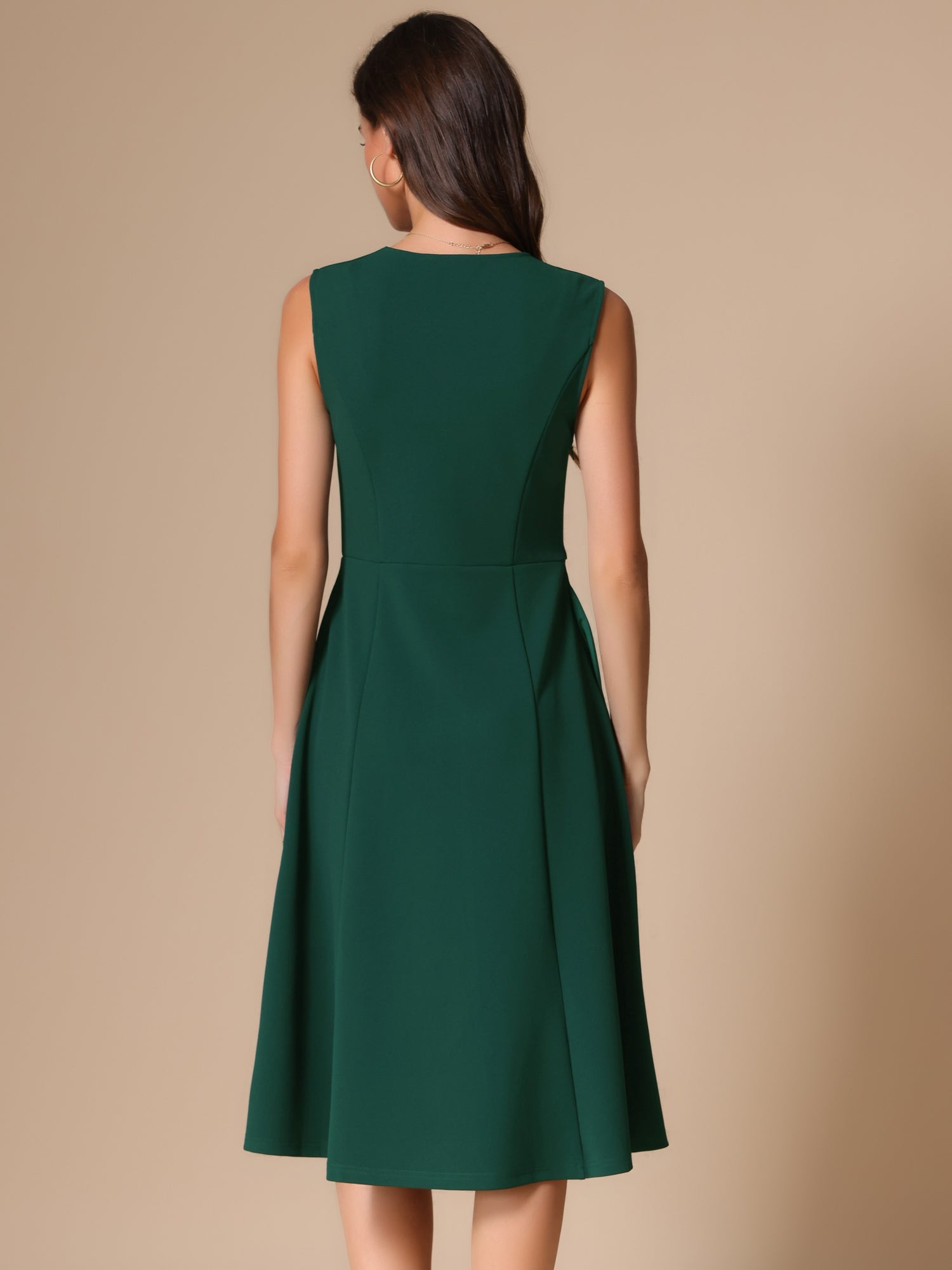 Notch Neck Pocketed Work Office A-Line Midi Dress