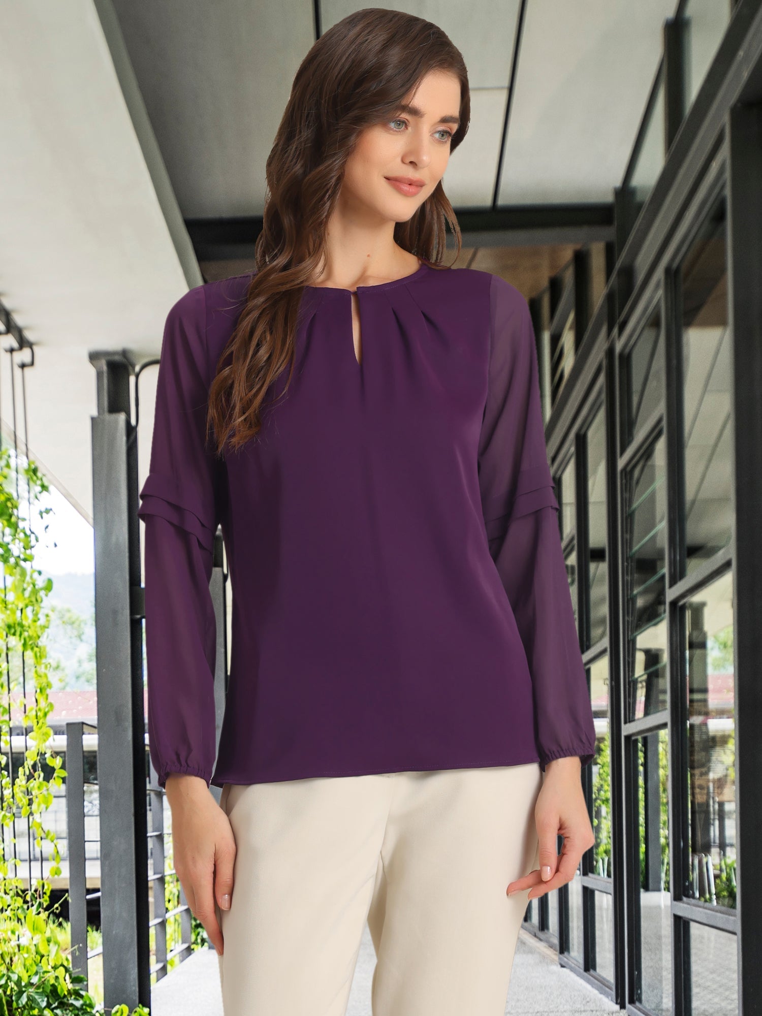 Chiffon Shirt Semi Sheer Keyhole Neck Elegant Blouse