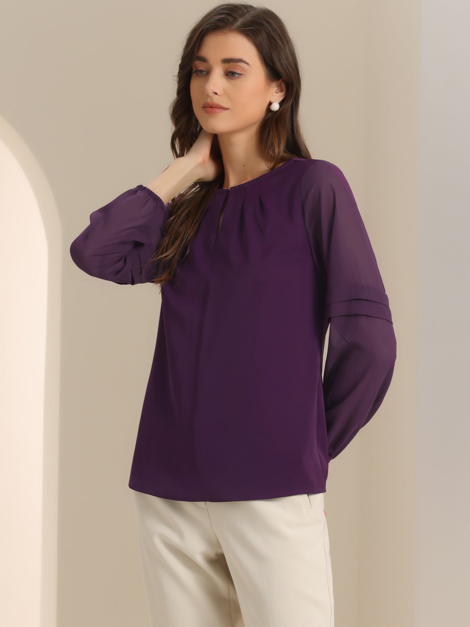 Chiffon Shirt Semi Sheer Keyhole Neck Elegant Blouse