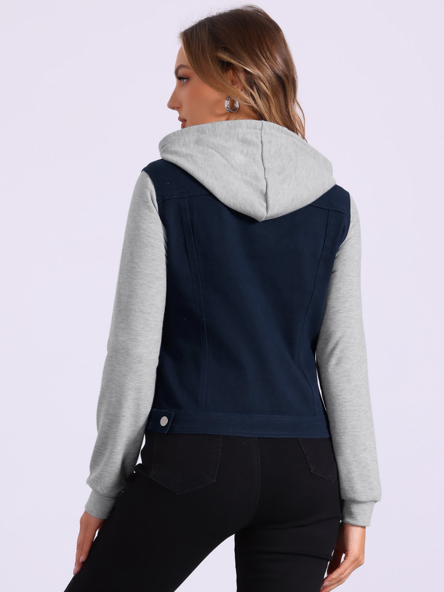 Casual Layered Drawstring Pockets Hood Denim Jacket