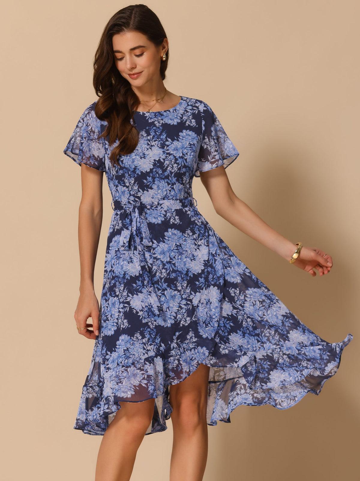 Floral Midi High Low Hem Tie Waist Flowy Chiffon Dress
