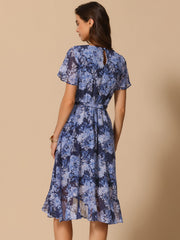 Floral Midi High Low Hem Tie Waist Flowy Chiffon Dress