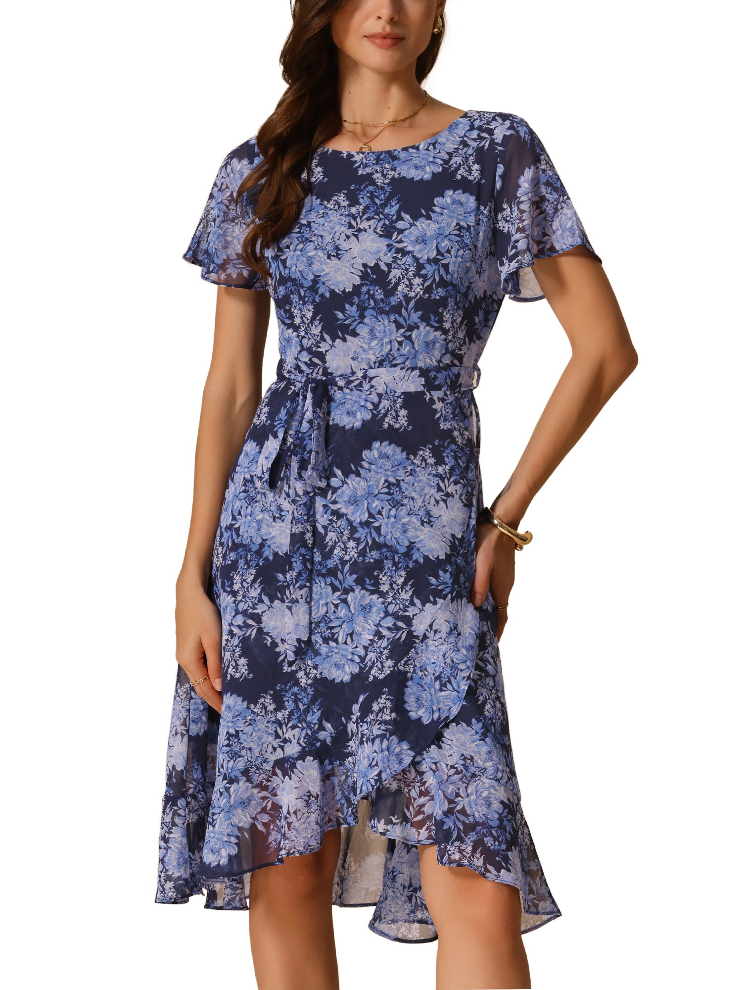 Floral Midi High Low Hem Tie Waist Flowy Chiffon Dress