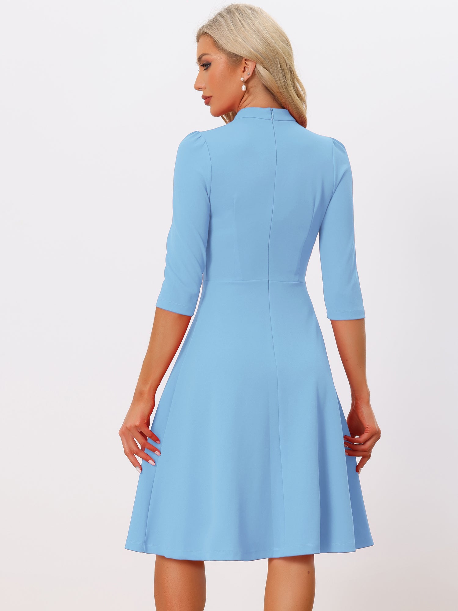 Retro 3/4 Sleeve Stand Collar Office Work Elegant A-Line Dress