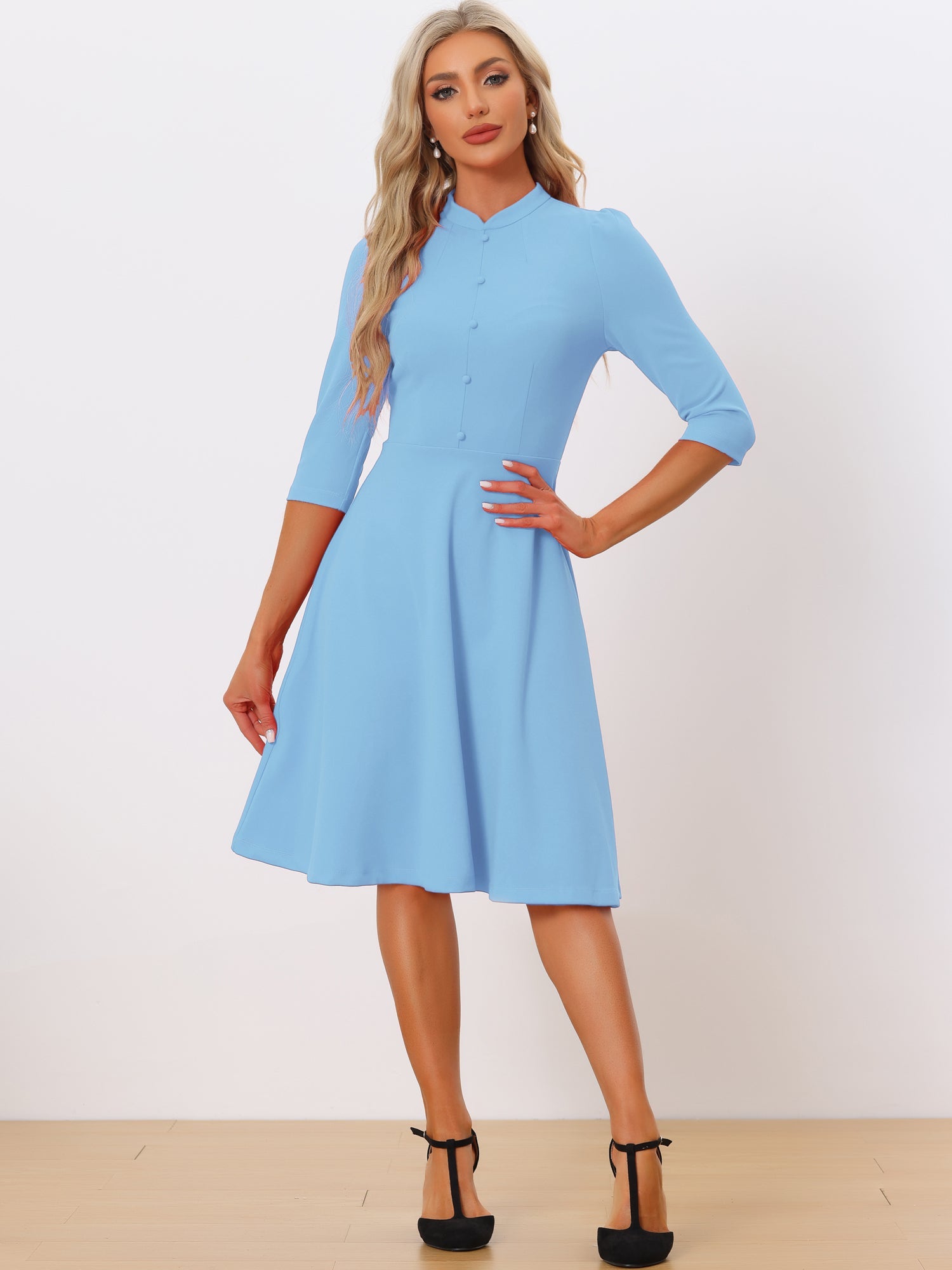 Retro 3/4 Sleeve Stand Collar Office Work Elegant A-Line Dress