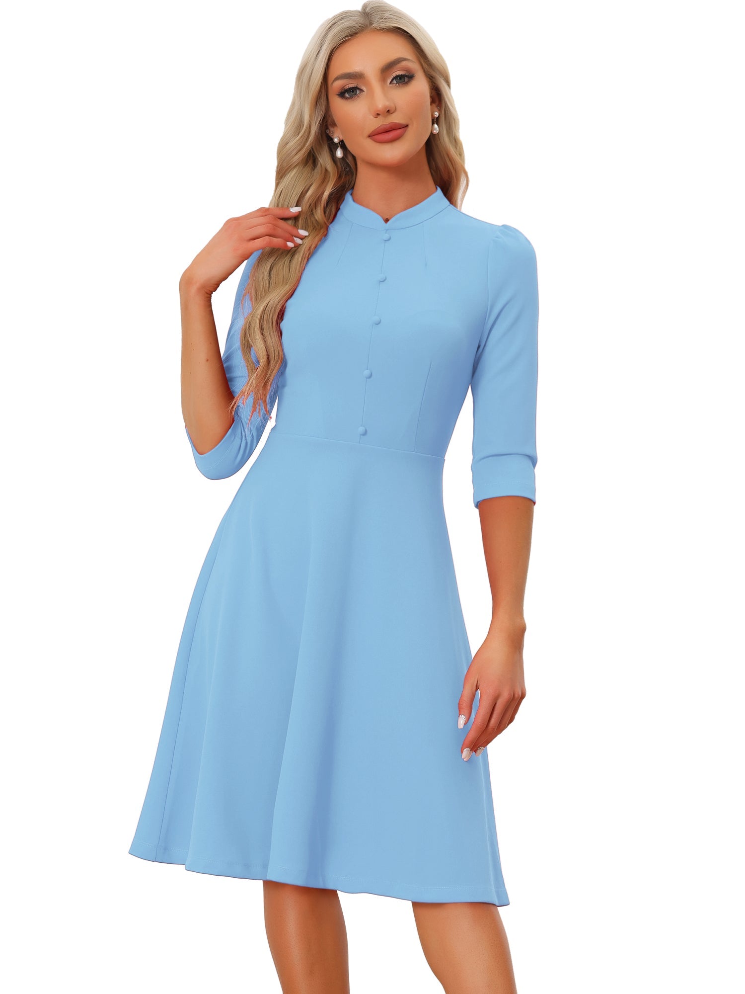 Retro 3/4 Sleeve Stand Collar Office Work Elegant A-Line Dress