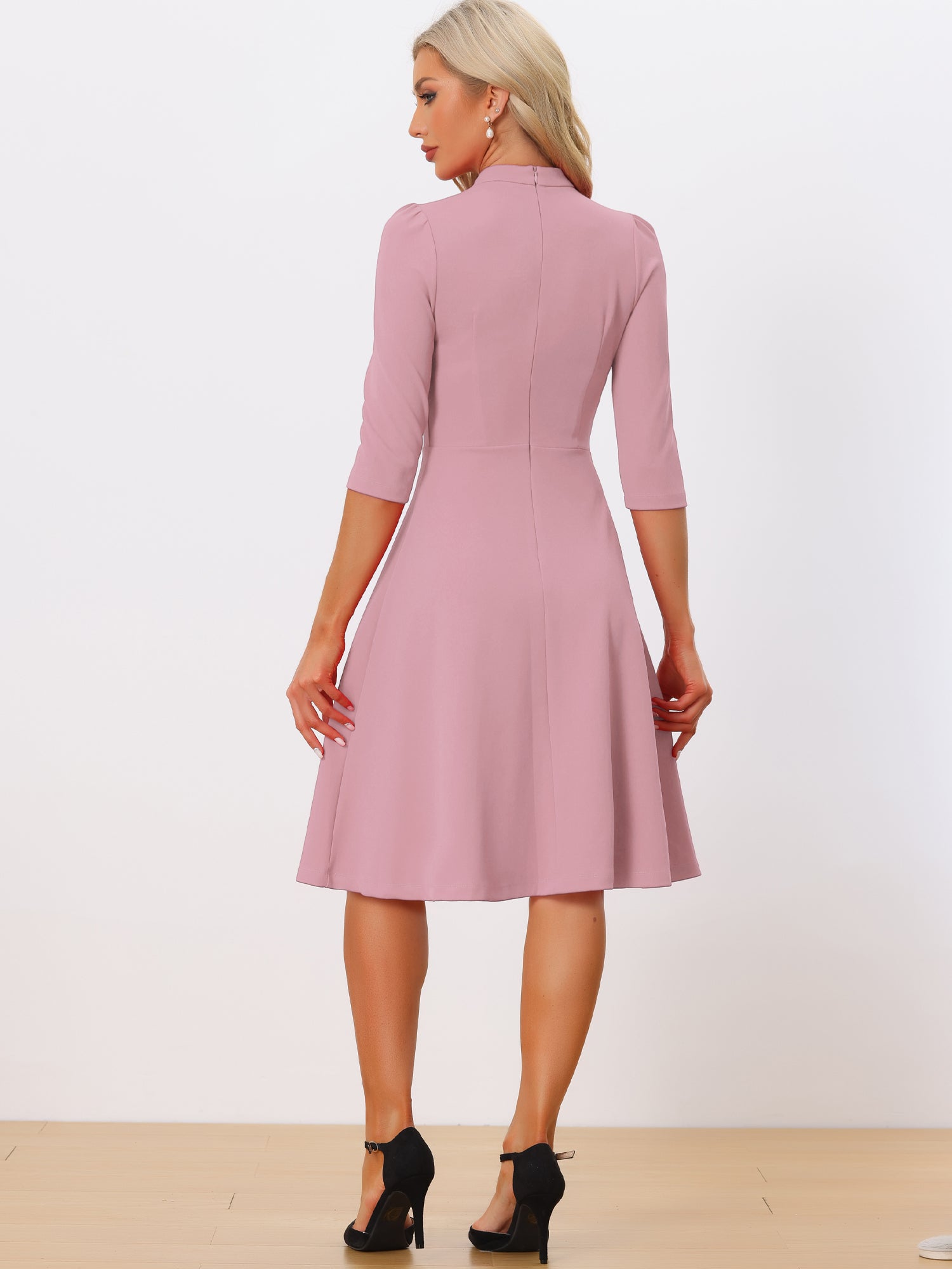 Retro 3/4 Sleeve Stand Collar Office Work Elegant A-Line Dress