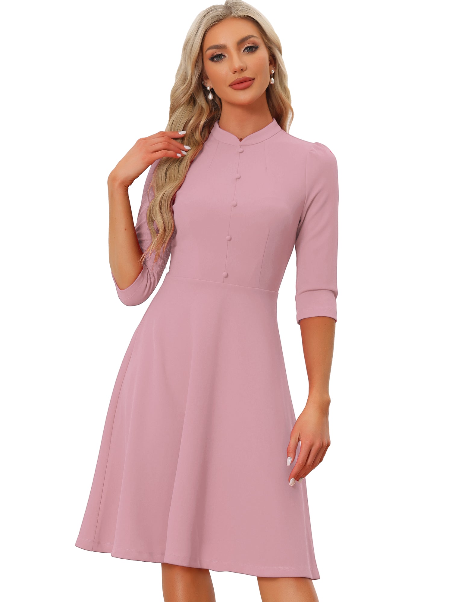 Retro 3/4 Sleeve Stand Collar Office Work Elegant A-Line Dress