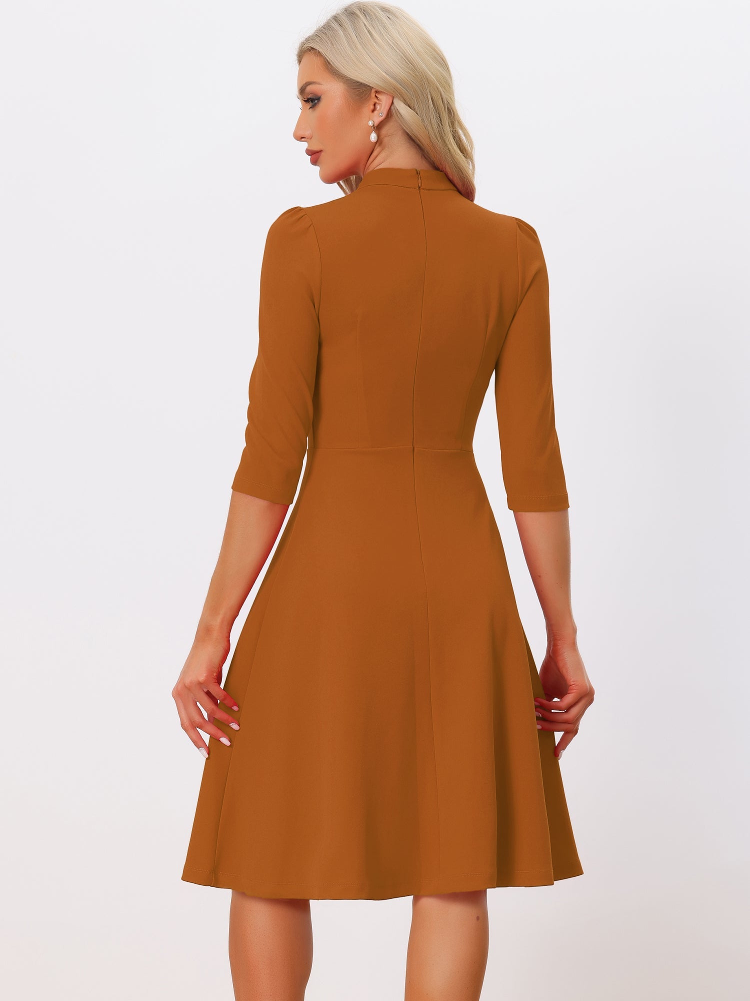 Retro 3/4 Sleeve Stand Collar Office Work Elegant A-Line Dress