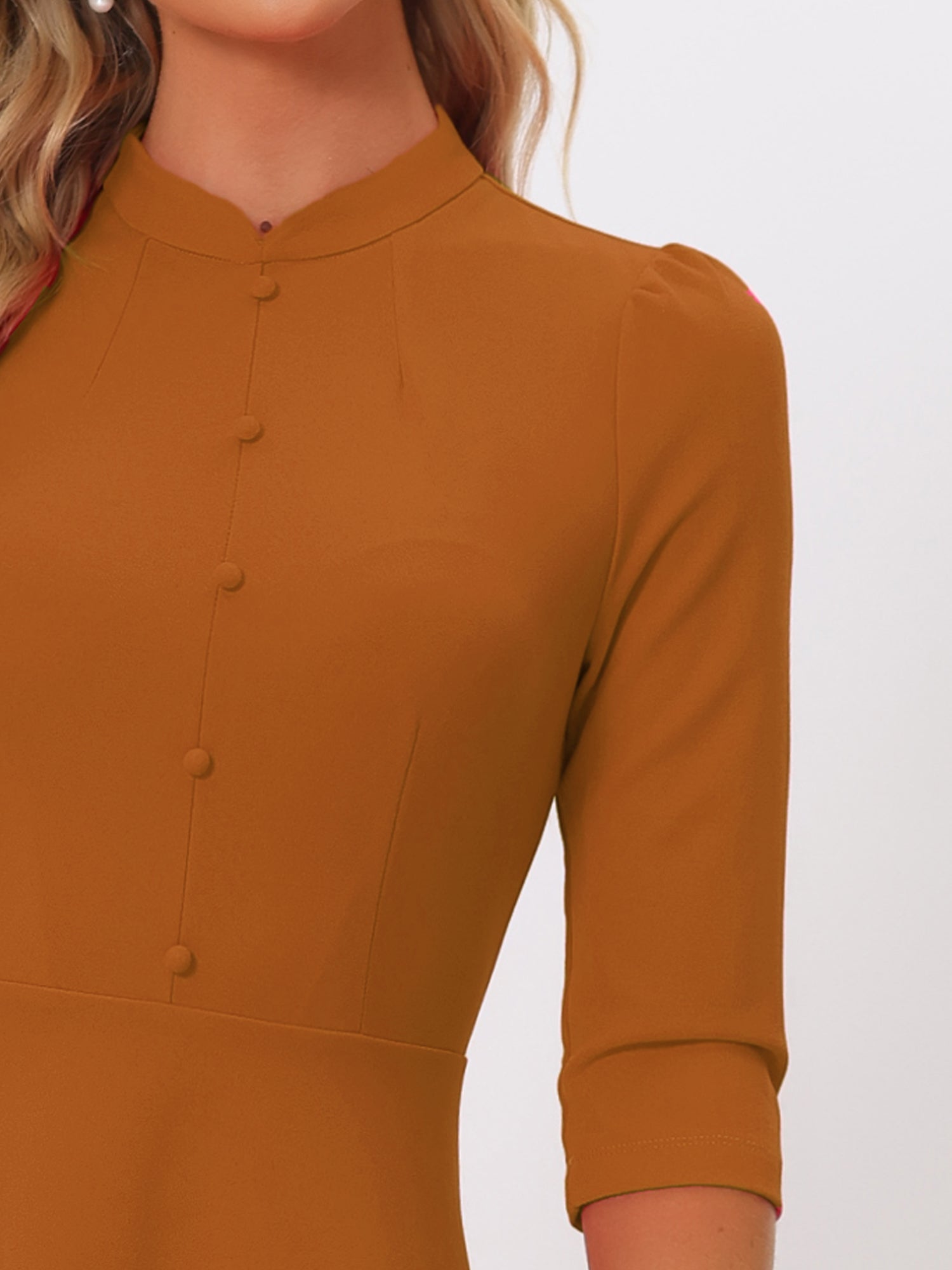 Retro 3/4 Sleeve Stand Collar Office Work Elegant A-Line Dress