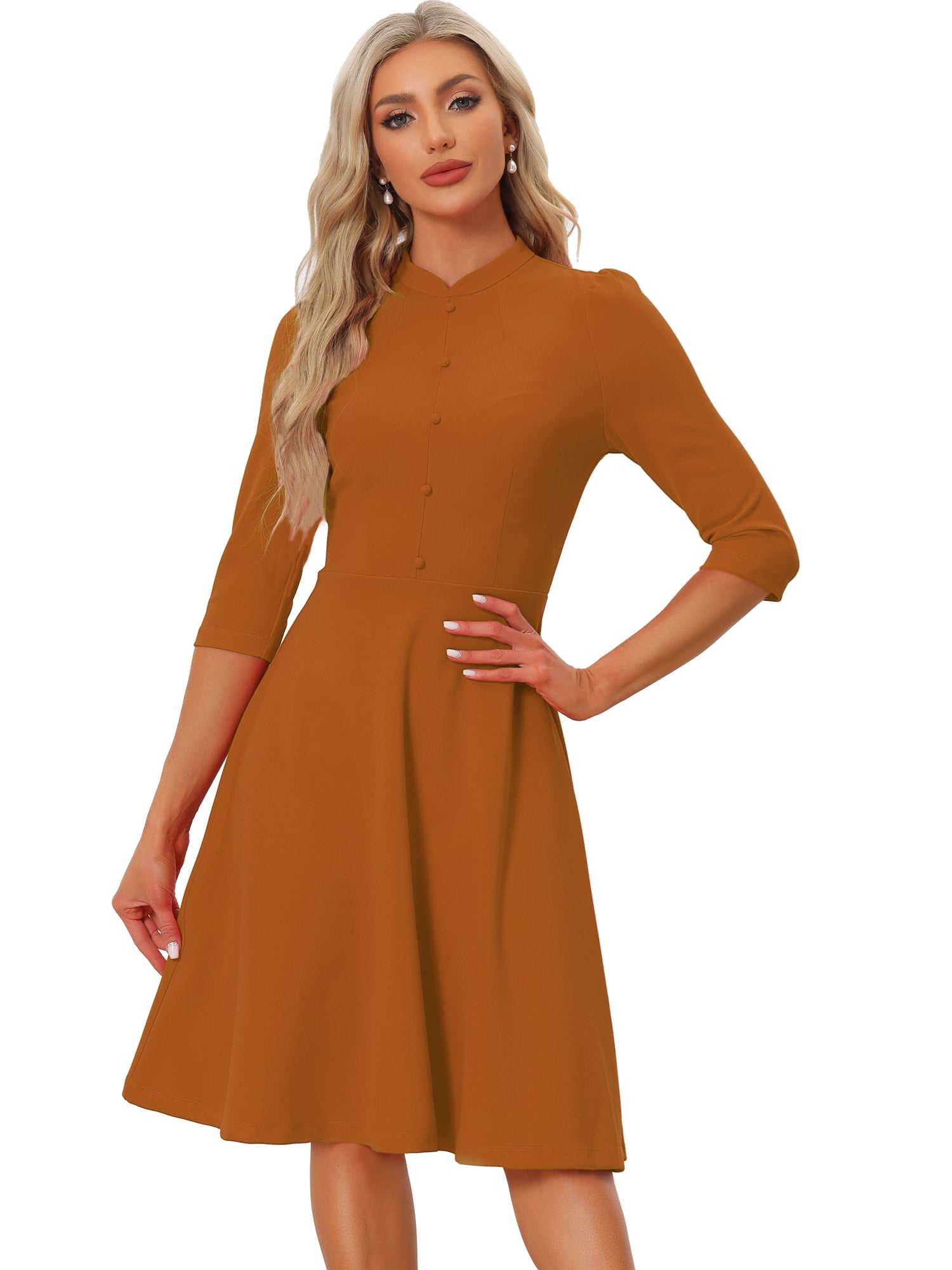 Retro 3/4 Sleeve Stand Collar Office Work Elegant A-Line Dress