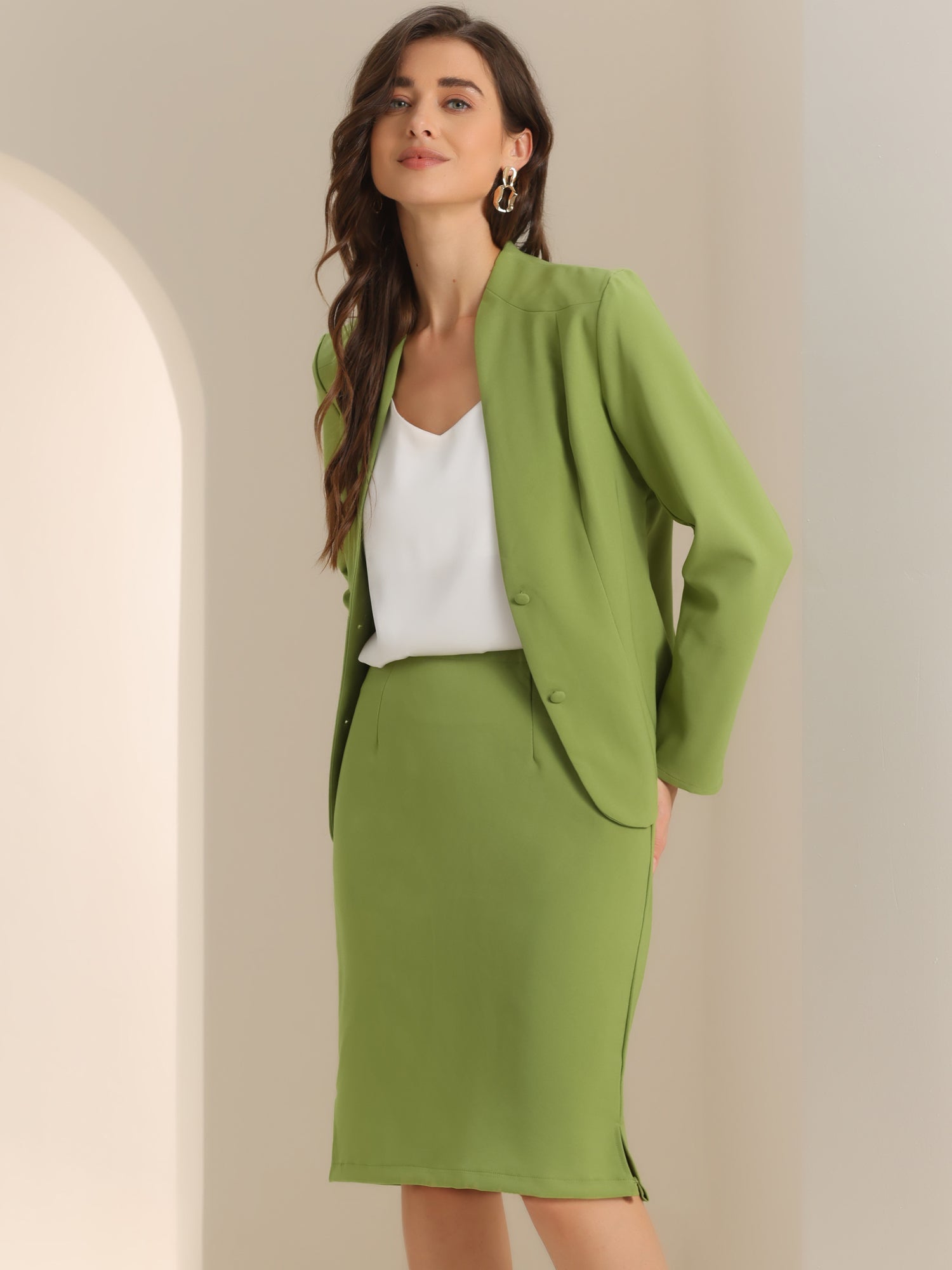 2pc Business Collarless Blazer and Pencil Skirt Suit Sets